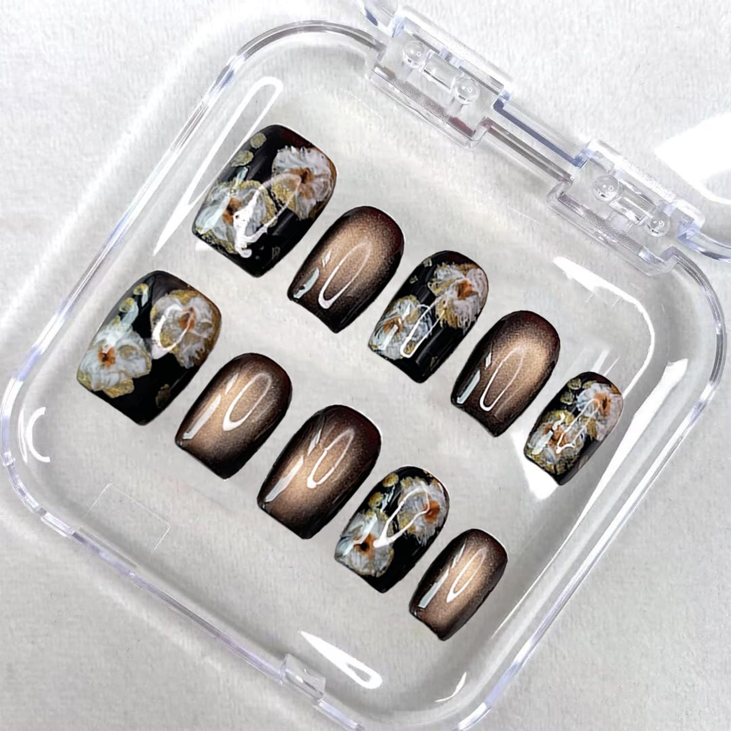 Handmade Press on Nails Short Square Fake Nails Press Ons Gold Brown Glitter Luxury Flower Full Cover Stick on Nails Glue on Nails for Women Girls Manicure (Floral Glitter M)
