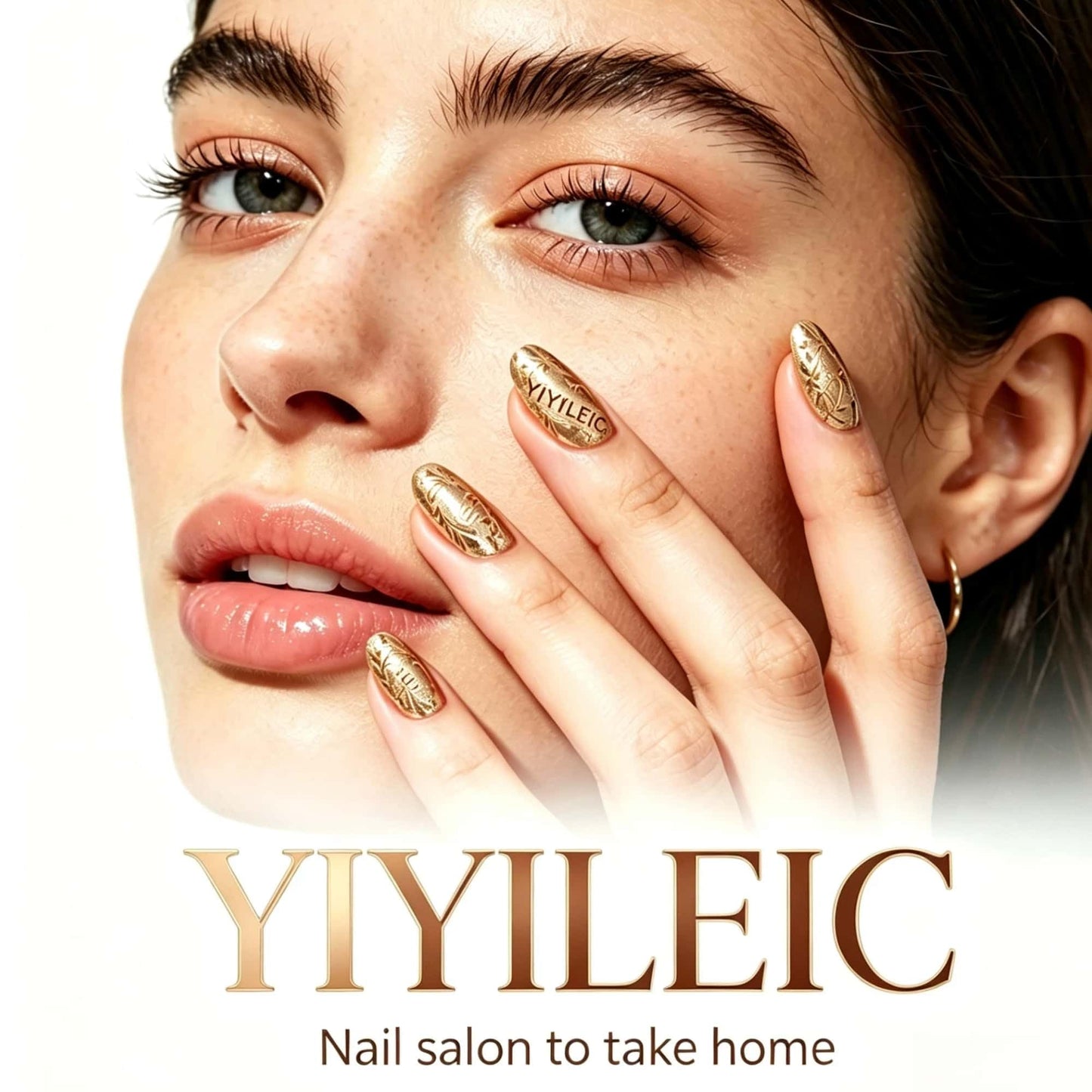 Medium Almond Press on Nails Gold French Tip Fake Nails Nude with Gold Foil Design Glossy Acrylic Glue on Nails Reusable Artificial Nail Full Cover Sticker on Nails for Women 24 Pcs