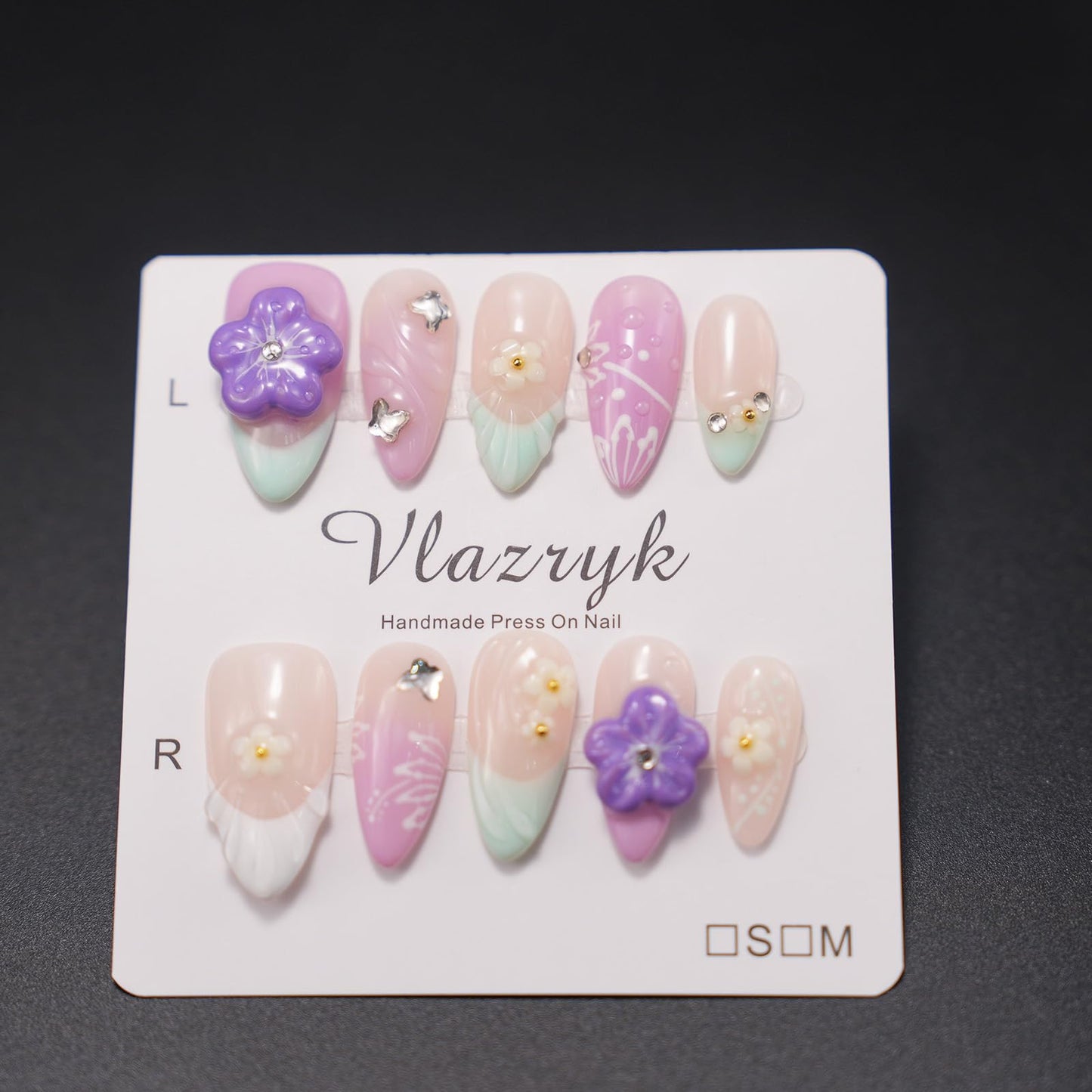 Handmade Press On Nails – Summer Medium Almond Pink Purple Gradient French Tip Fake Nails,with 3D Flower Rhinestones – Thick Acrylic & Multi-Layer Gel, Reusable Luxury False Nails(S)
