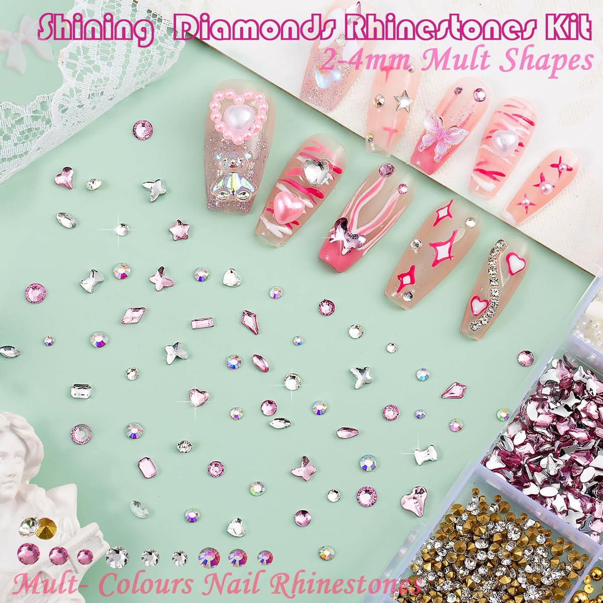 15 Grids Nail Art Decorations Set - 3D Bow Heart Butterfly Flower Charms, Glitter Sequins, Rhinestones & Pearls, Pink White Gold Nail Jewelry Kit for Acrylic Nails, DIY Manicure Accessories for Women