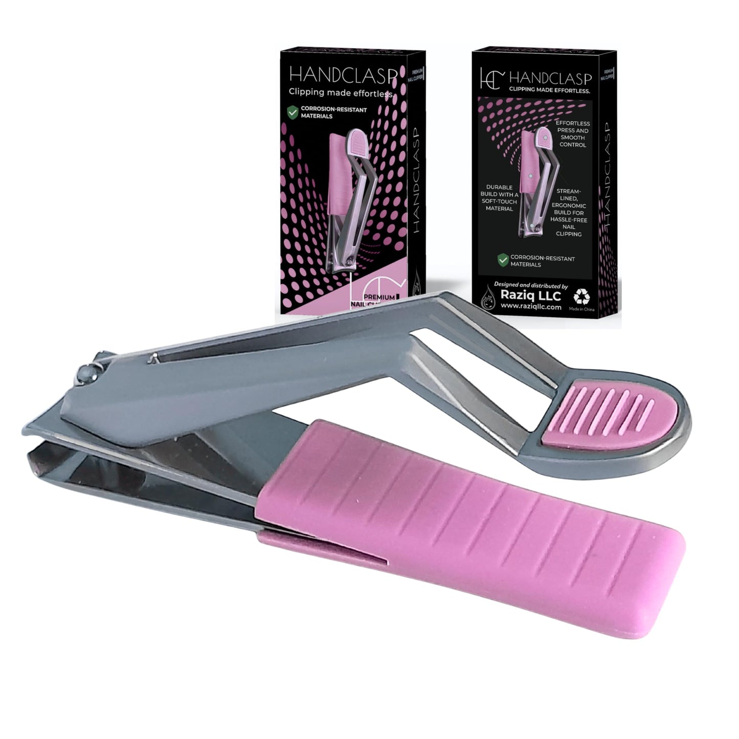 HANDCLASP Nail Clippers, Stylish, Comfortable for Seniors, Fingernails, Premium Stainless Steel, Curved Edge, Wide Jaw, Ergonomic, Thumb Rest, Comfort Cuts, Women, Men, Teens, Special Needs, (Pink)
