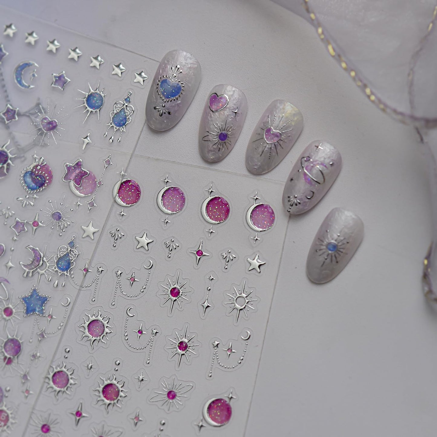 1 Sheet Sun Moon Star Nail Art Stickers 5D Embossed Nail Decals Purple Star Moon Sun Nail Art Stickers Celestial Nail Supplies Galaxy Y2K Silver Star Nail Design for Women DIY Manicure Decoration