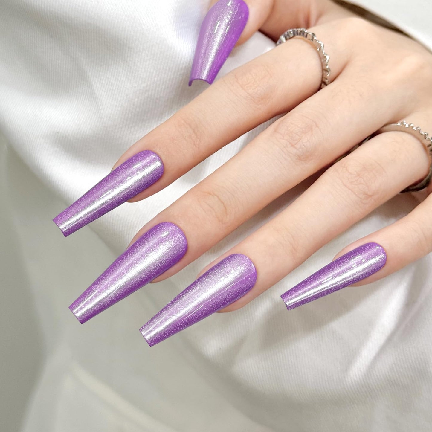 Purple Cat Eyes Press On Nails,12 Sizes - 24 Pcs Soft Gel Purple Long Coffin Fake Nails Kit with Nail Glue, Natural Reusable Stick On False Nails for Women and Girls SK1051