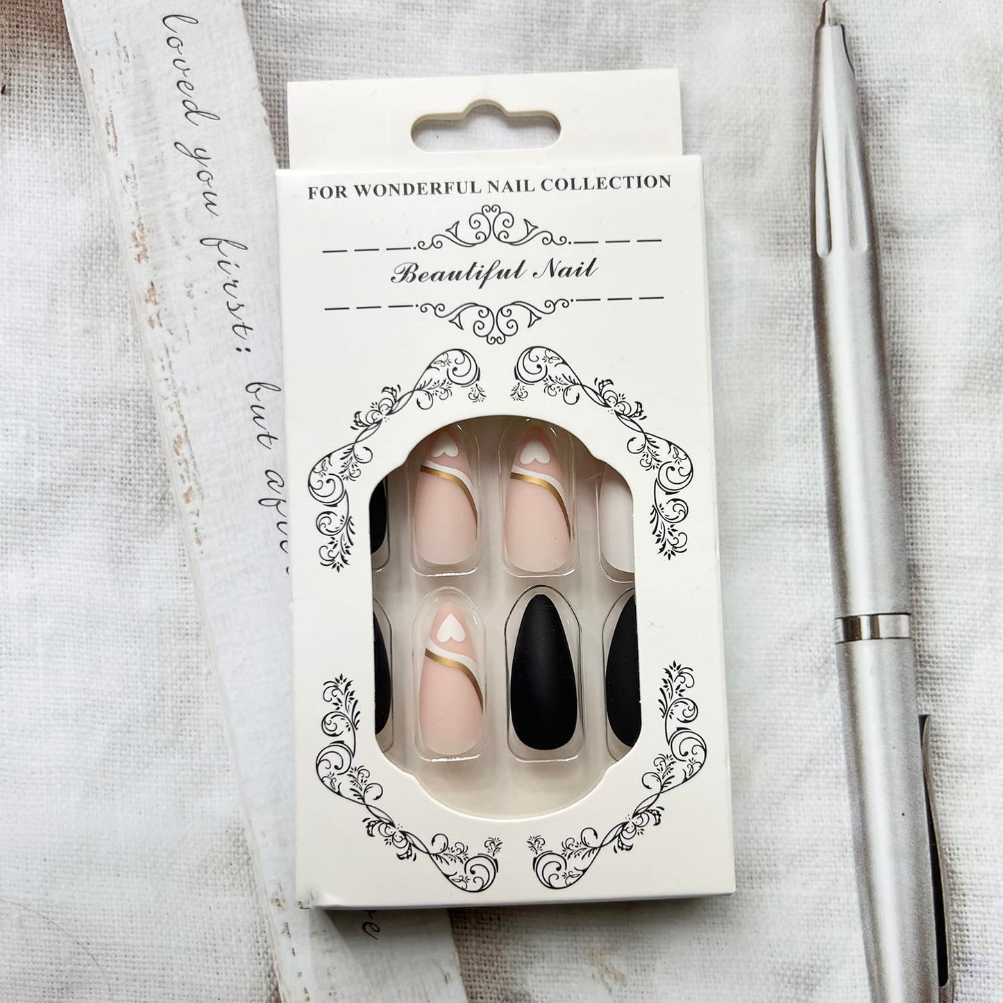 Black White Heart Press on Nails Almond, Medium Length Fake Nails French Love Design Valentine's Day Nails Full Cover False Nail Acrylic Nails with Nail Glue for Women and Girls 24 Pcs