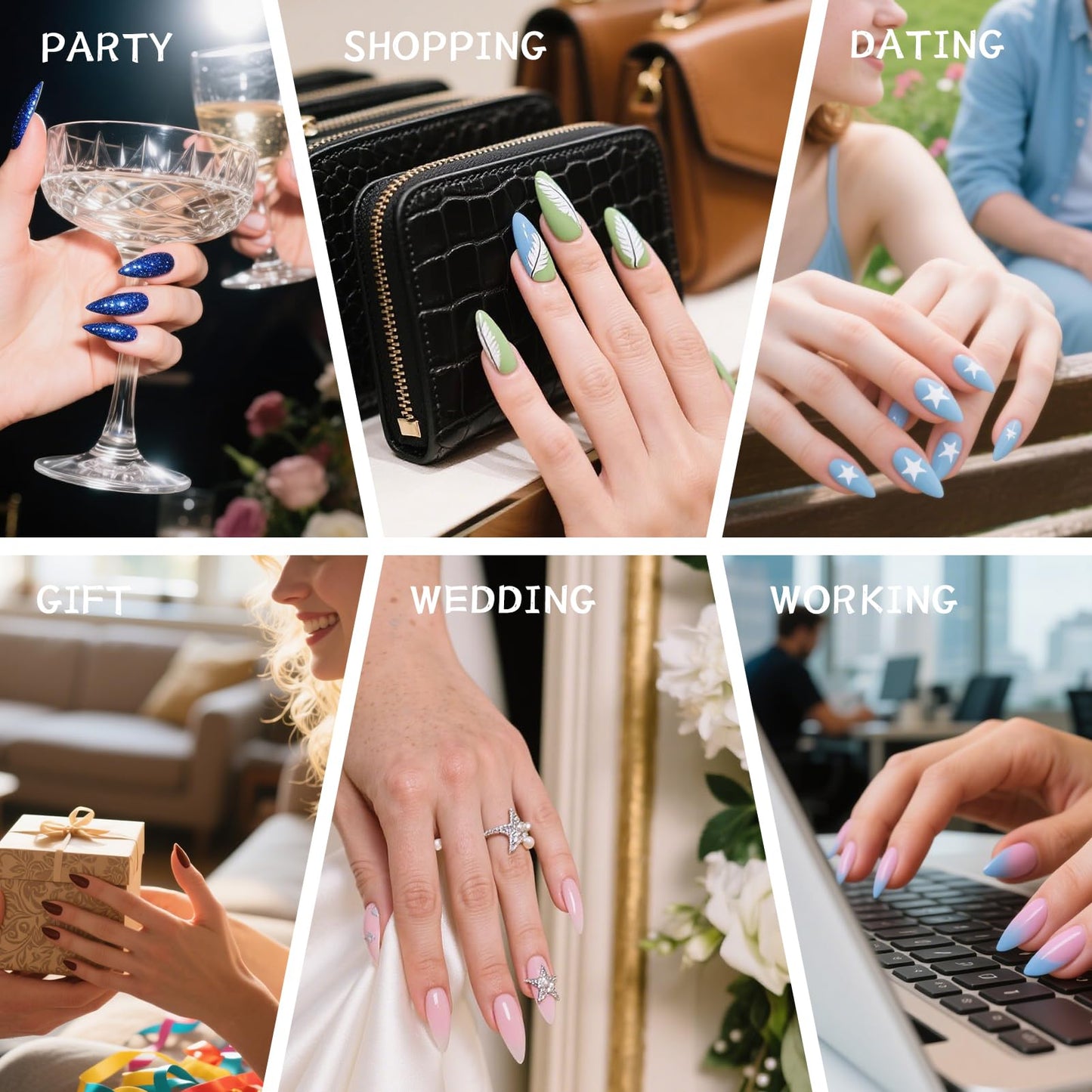 Handmade Press on Nails Summer Sea 3D Ocean Shell False Nails for Girls Reusable Beach Design Medium Almond Stick on Nails Floral Acrylic Fake Nails for Vacation