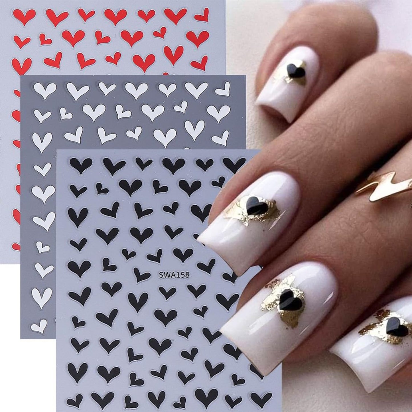6Sheets Love Heart Nail Art Stickers Decals,3D Valentine's Heart Self-adhesive Nail Supplies Glitter Red Love Hollow Hearts Shaped Design French Nail Sticker for Women DIY Romantic Manicure Decoration