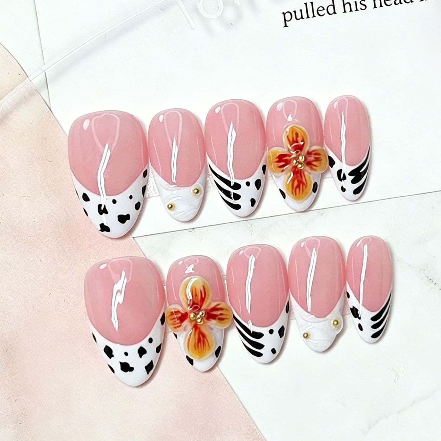 10 Pcs Pink Handmade Press on Nails Short Almond Fake Nails with 3D Flower Design Leopard Print French Tip False Nails Short Almond Press Ons Nails Acrylic M Size for Women