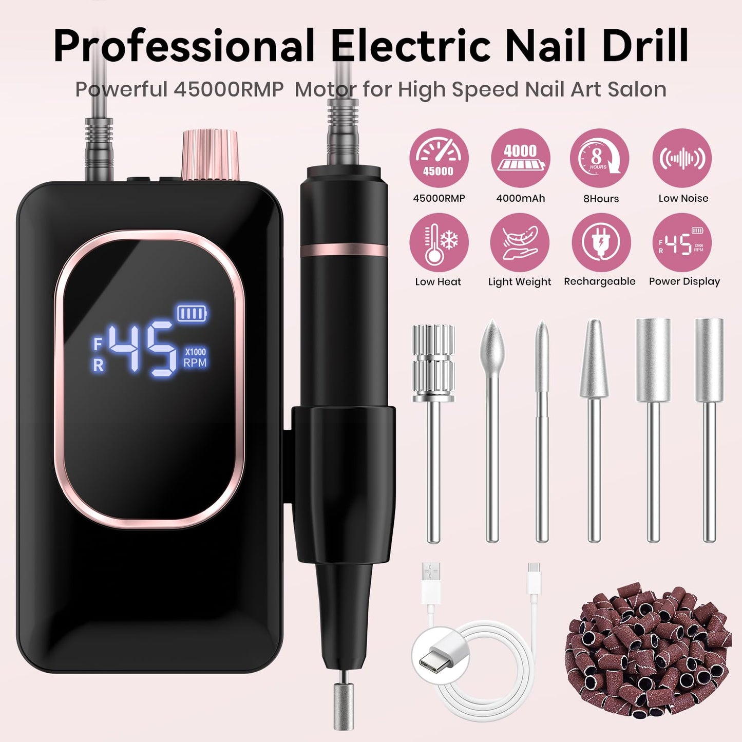 Professional Electric Nail Drill 45000RPM, Portable Nail File for Acrylic Gel Nails, Cordless Rechargeable Salon-Grade Ultra Power Nail Drill Kit for Shaping, Polishing & Removing Gel Nails,Black