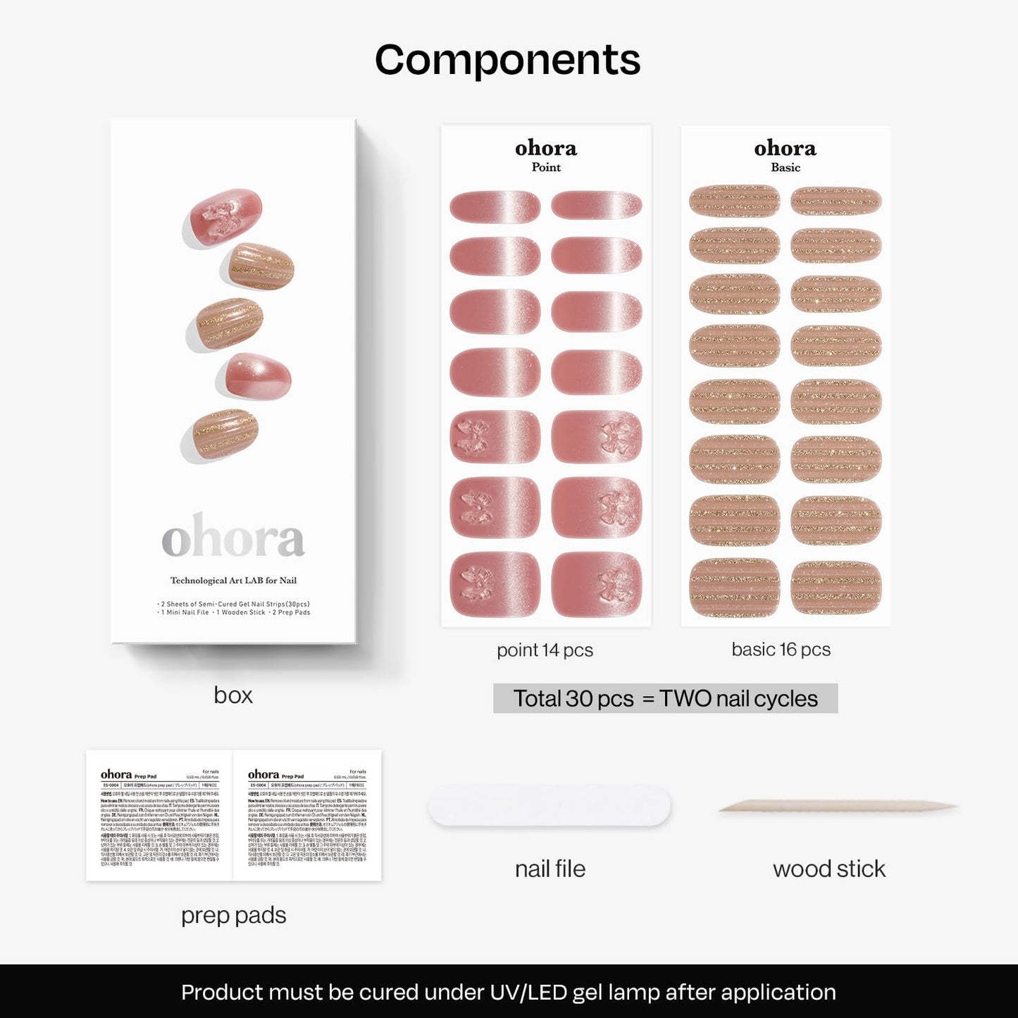 ohora Semi Cured Gel Nail Strips (N Rosy Bow) - 3D, Magnet, Pink, Gold, Works with Any Lamps, Salon-Quality, Long Lasting, Easy to Apply & Remove - Includes 2 Prep Pads, Nail File & Wooden Stick