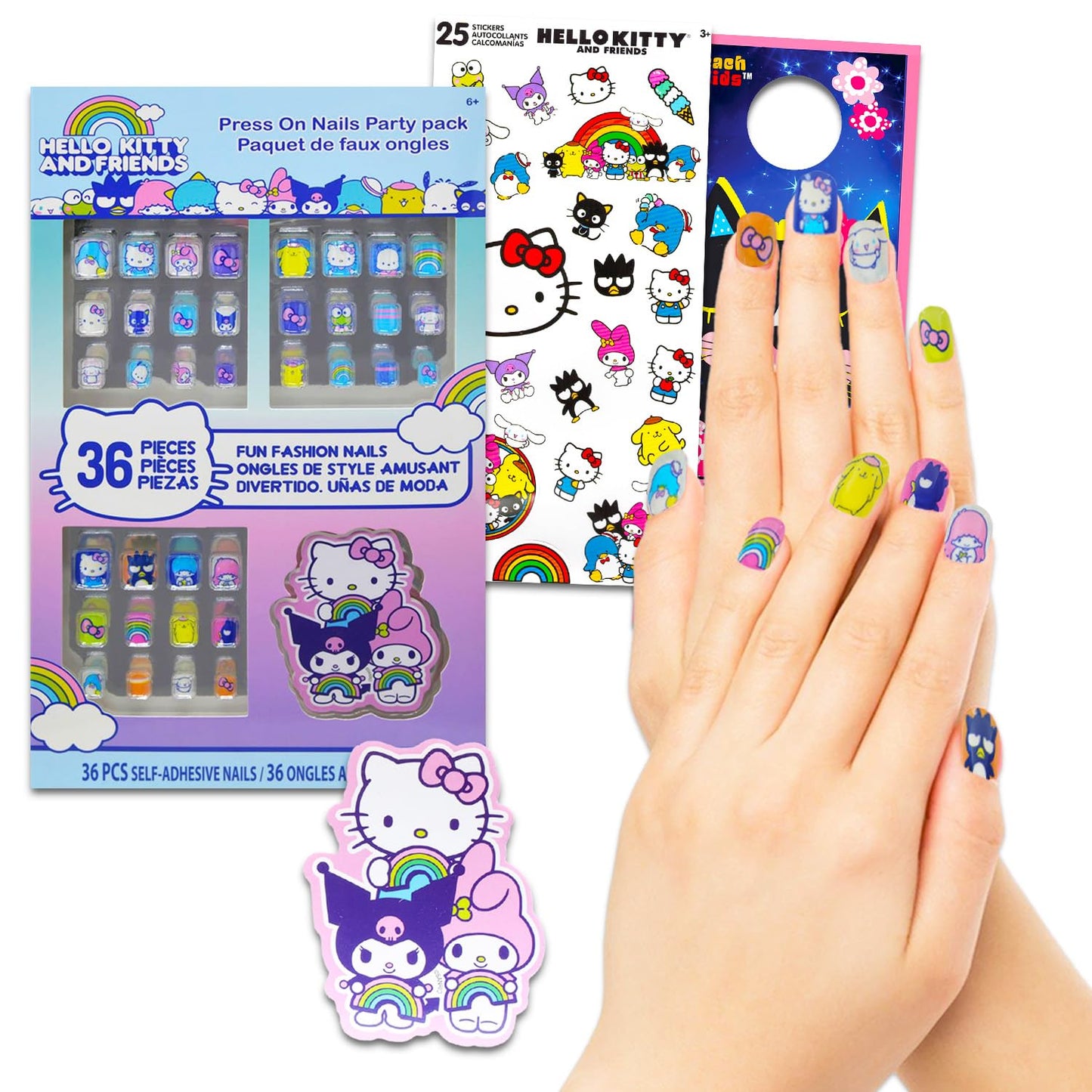 Hello Kitty and Friends Press-On Nails for Kids - Bundle with 18 Pairs of Sanrio Stick-On Nails Featuring My Melody, Kuromi, Keroppi, Plus Stickers, More | Hello Kitty Nail Kit for Girls