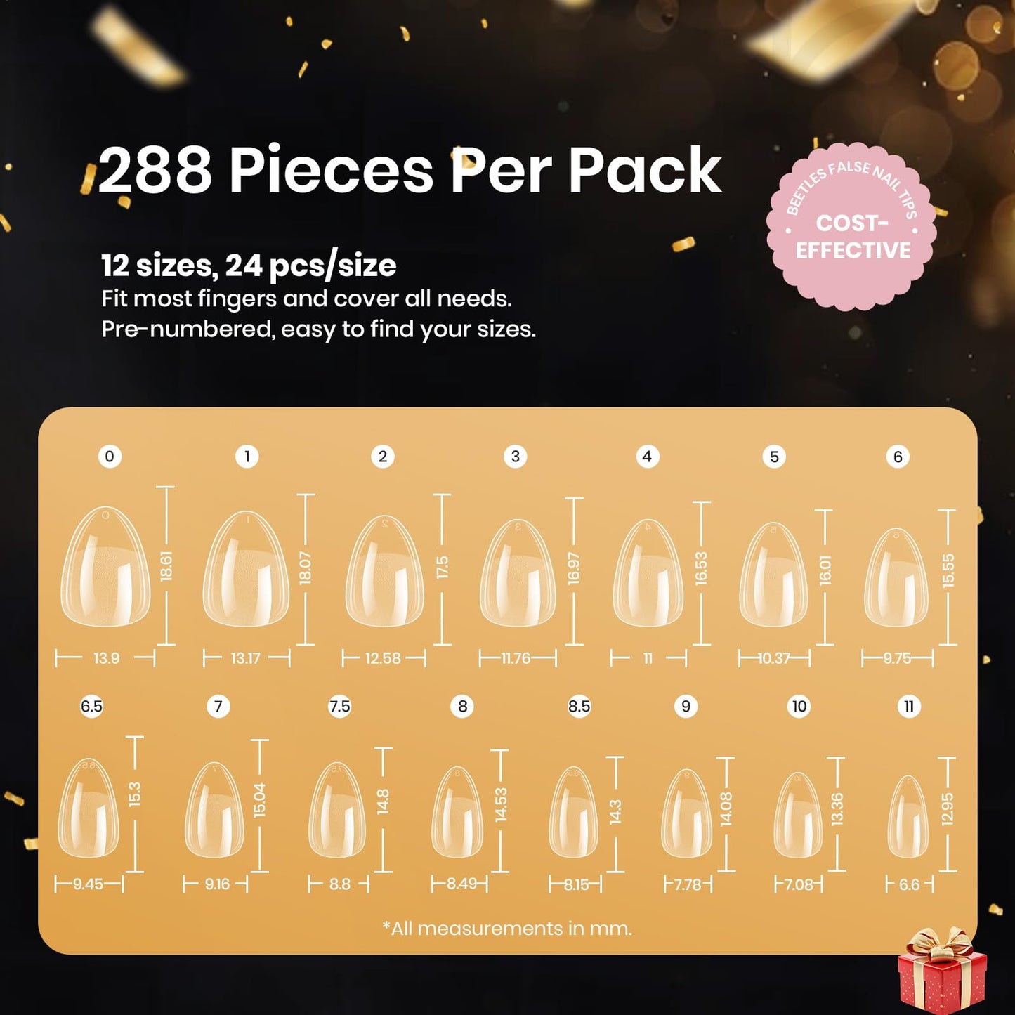 Beetles Extra Short Almond Nail Tips, 12 Sizes 288 PCS Pre-Shaped Clear Full Cover Etch Gel Nail Tips Clear Acrylic Press on Nails Extension for Girls Women Nail Art Design, Nail Glue Needed