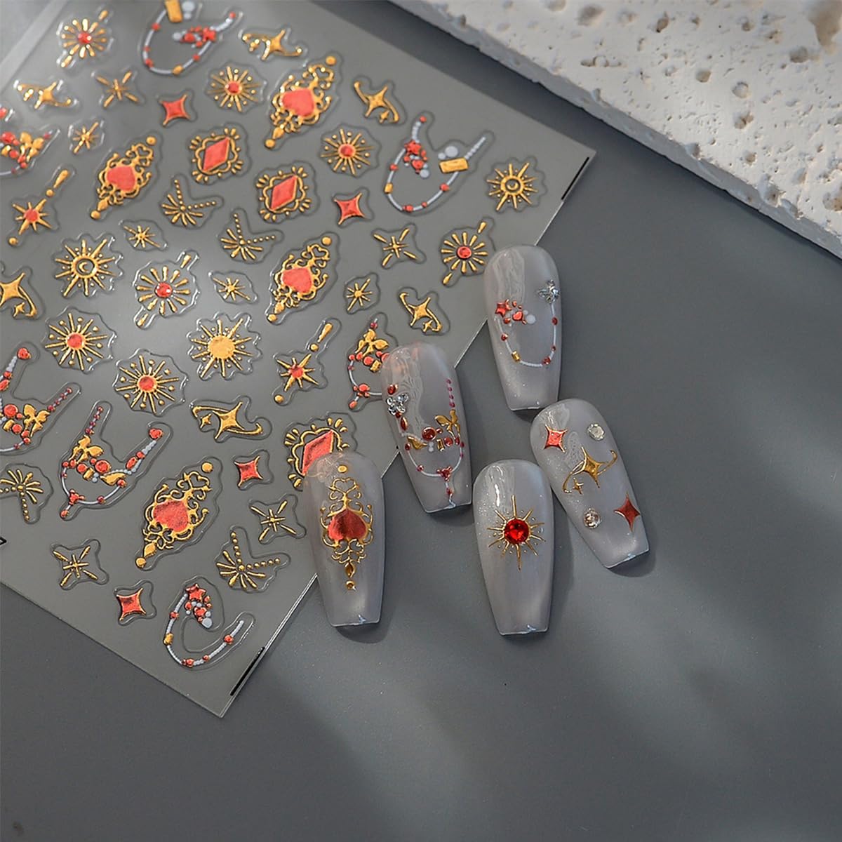 标题: 5D Embossed Bohemia Nail Sticker Self-Adhesive Star Nail Art Stickers Golden Stars Moon Sun with Diamond Design Bohemian Style Nail Art Supplies Gold Nail Decals for Women Manicure Decorations DIY