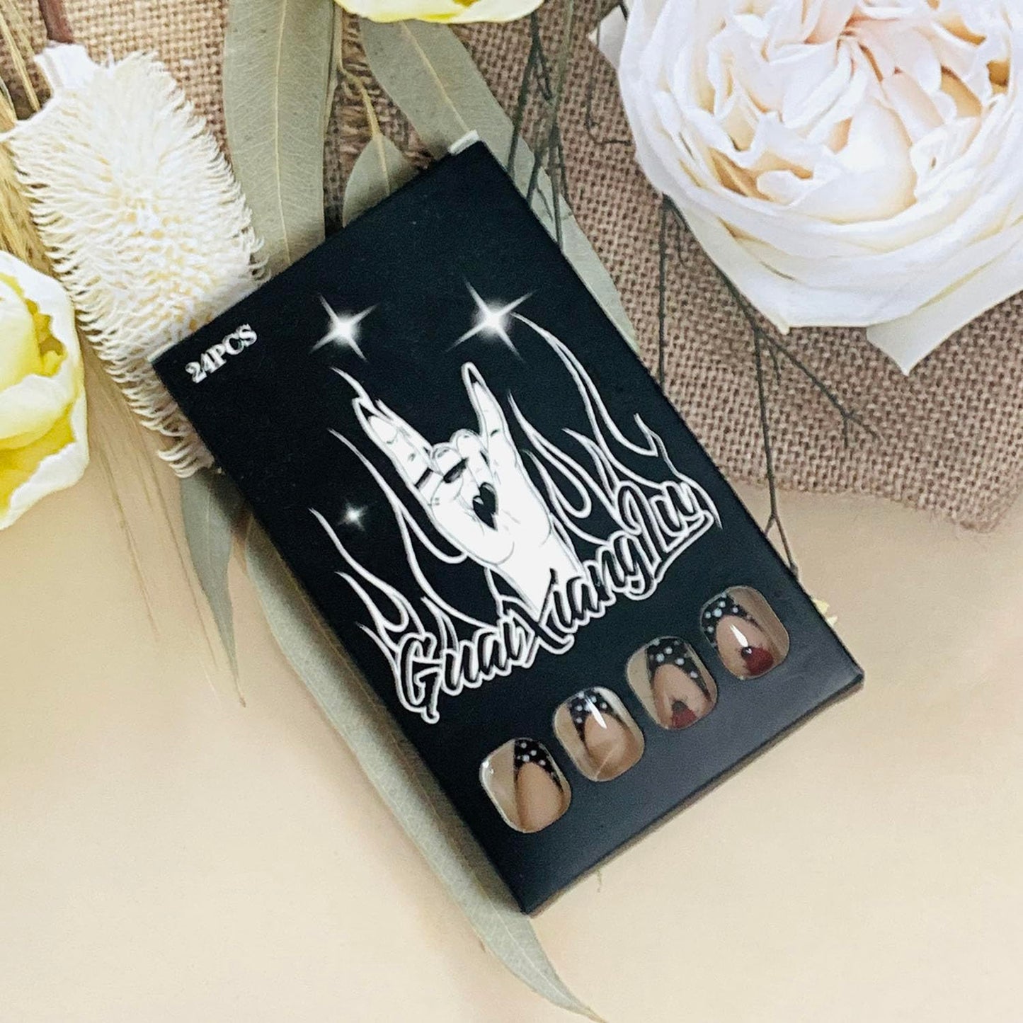 FIEONCIY Press on Almond Nails Short Length Glossy Acrylic Almond Shaped False Nails with Designs Artificial Medium Fake Nails with Charms Glue Stick on Fingernails for Women Girls(WSJ2401)