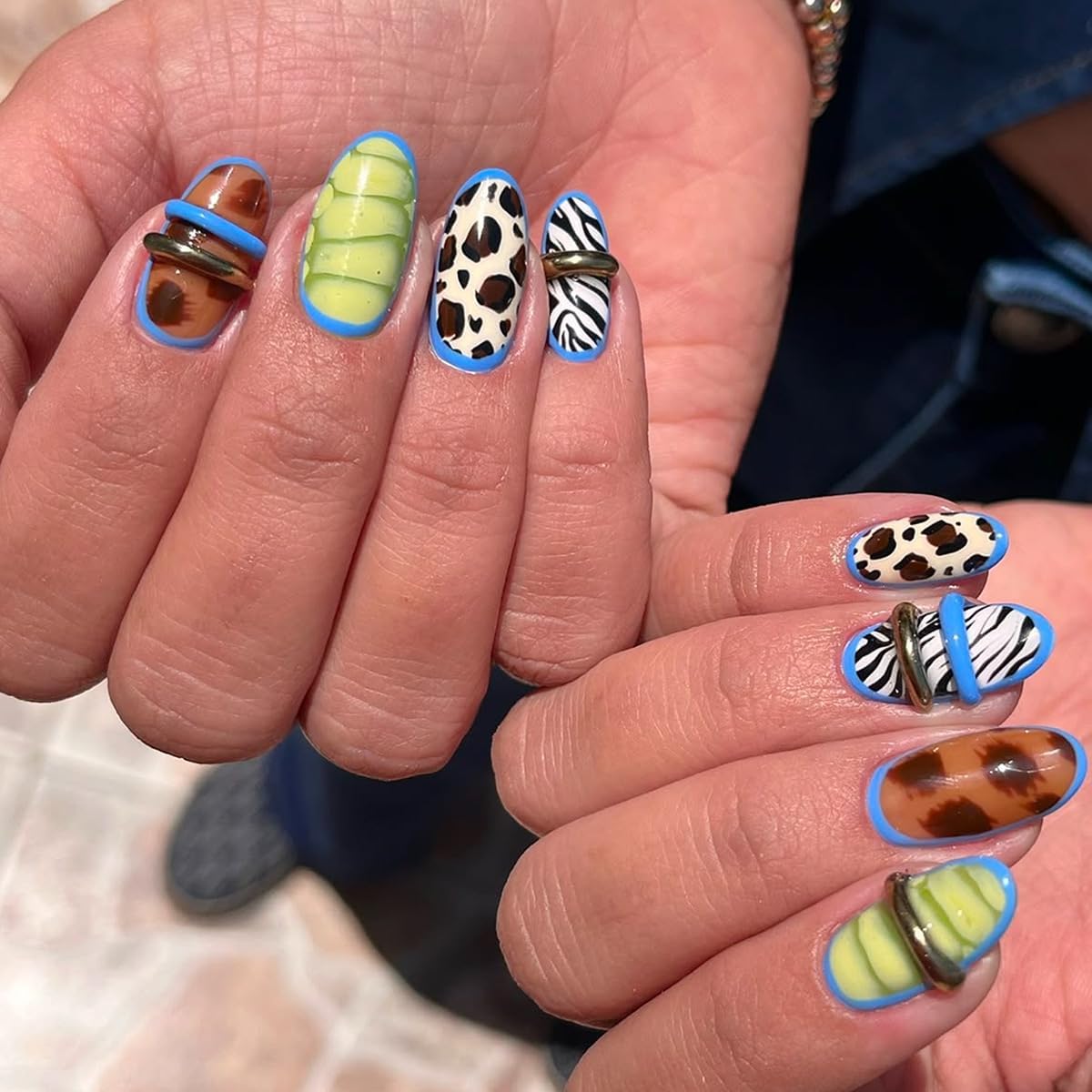 plalely Almond Press on Nails Medium Funny Fake Nail with Turtle,Zebra,Leopard Stripe Acrylic Nail Press ons Stick on Nails for Women 24pcs