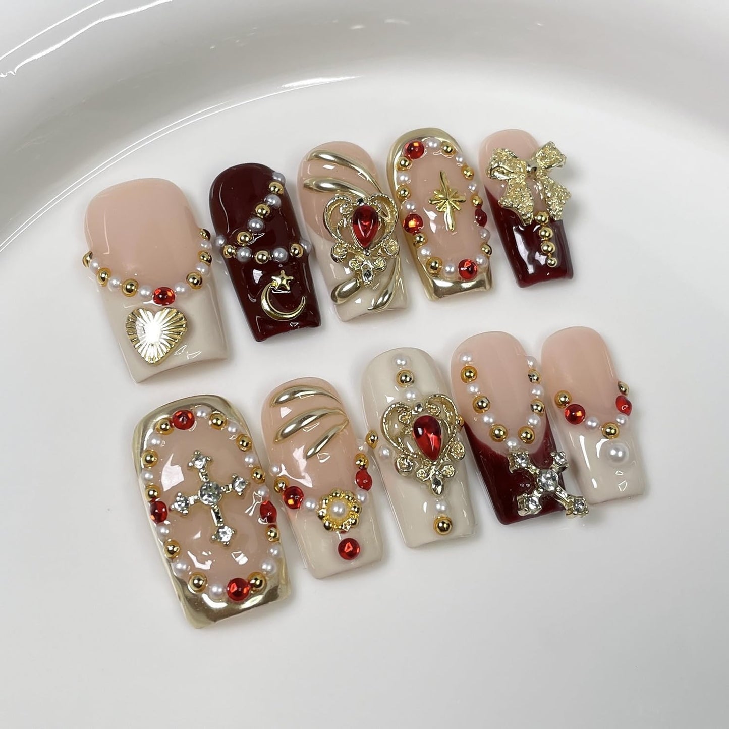 Handmade Press on Nails Medium Square Fake Nails White French Tip with 3D Rhinestone & Heart Designs Luxury Pearl Charm False Nail Full Cover Thickened Acrylic Nails for Women (Size M)