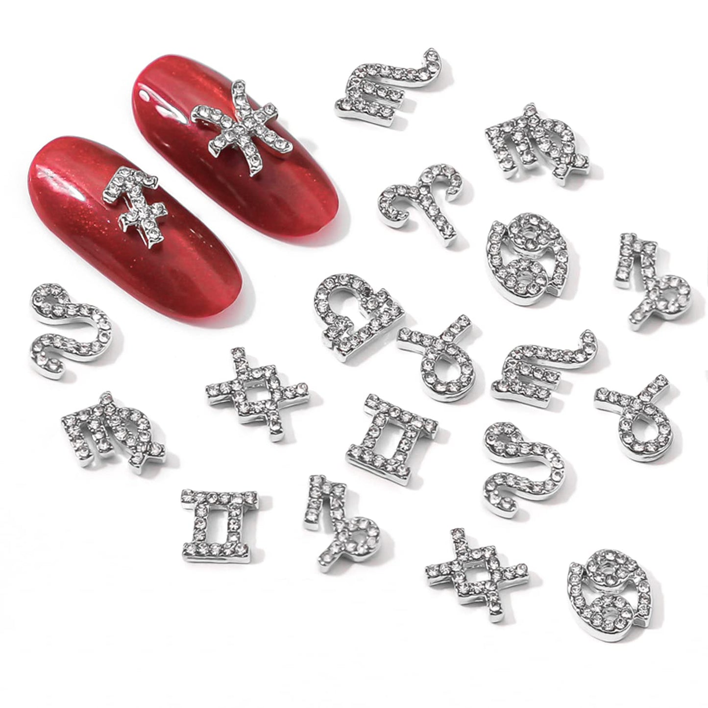 XEAOHESY 48 Pieces Gold and Silver Alloy Zodiac Nail Charms Zodiac Signs Nail Studs Constellation Words Charms for Nails Twelve Constellation Nail Charms Set for Women Girls Nail Art Decoration