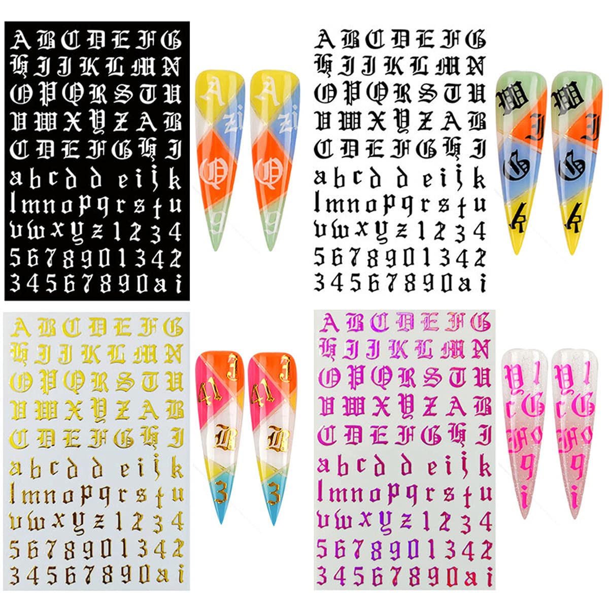 Letter Nail Art Stickers Number Nail Decals Nail Art Supplies Old English Alphabet Nail Sticker Designs Holographic English Font Letters Stickers for Acrylic Nails Decorations (8 Sheets)