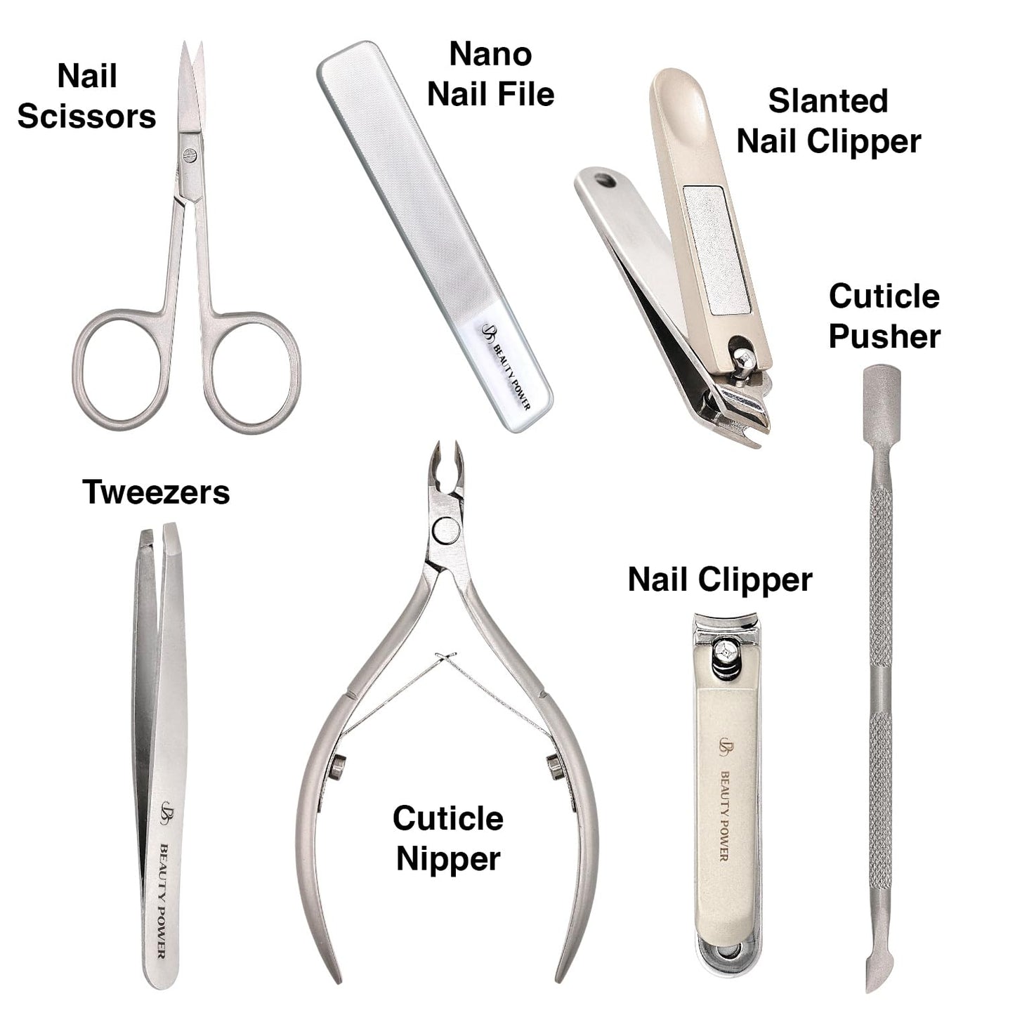 Beauty Power Manicure Pedicure Set 7-in-1 Stainless Steel, Ultra Sharp, Slanted Nail Clipper, Fingernail Clipper, Cuticle Nipper, Glass Nail File, Eyebrow Tweezers, Scissors, Case - Gift Idea - Gray