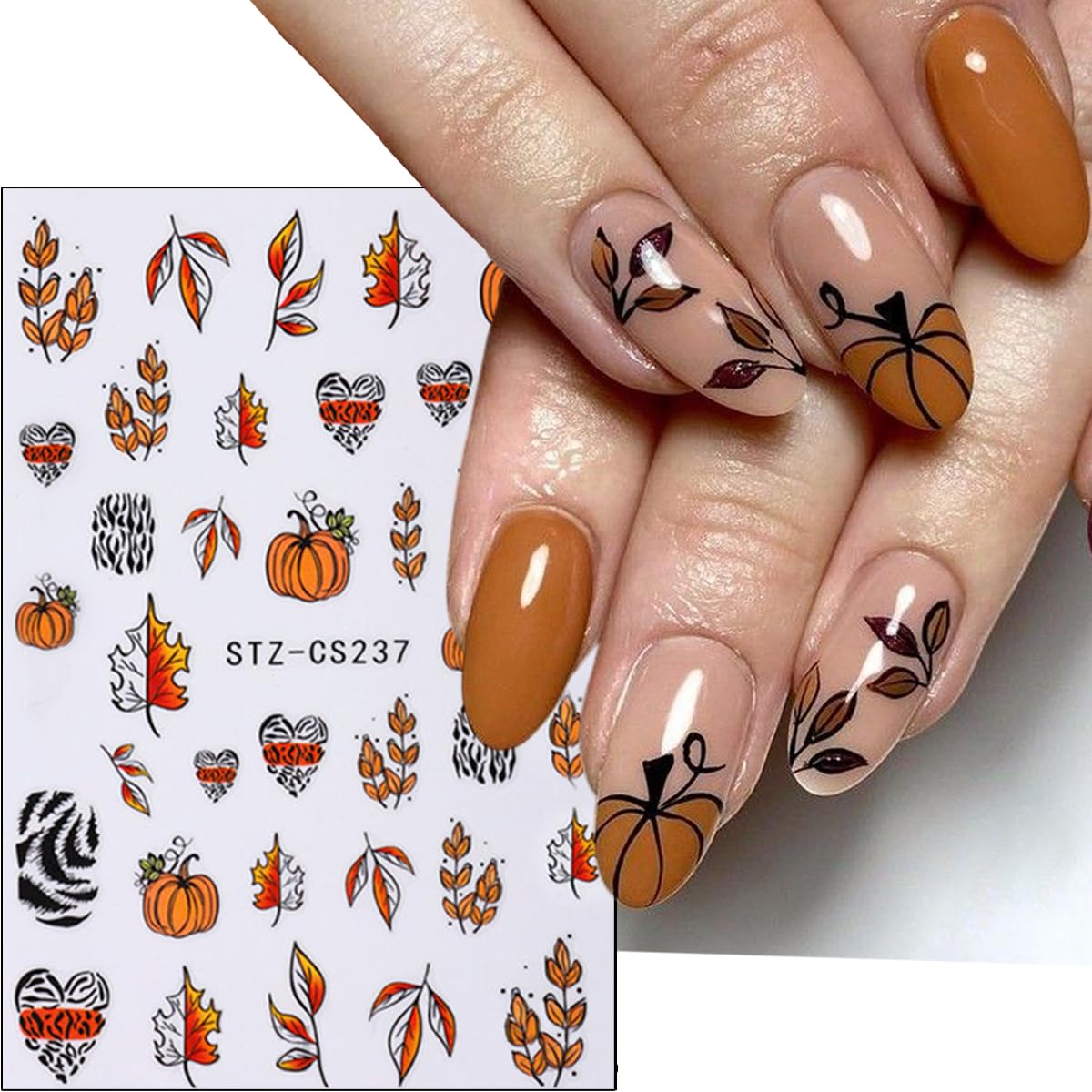6 Sheets Fall Nail Art Stickers Thanksgiving Day Nails Decals 3D Self Adhesive Maple Leaf Nail Stickers Cute Fox Pumpkin Maple Leaves Design Fall Nails Supplies for Women Autumn DIY Manicure Decor