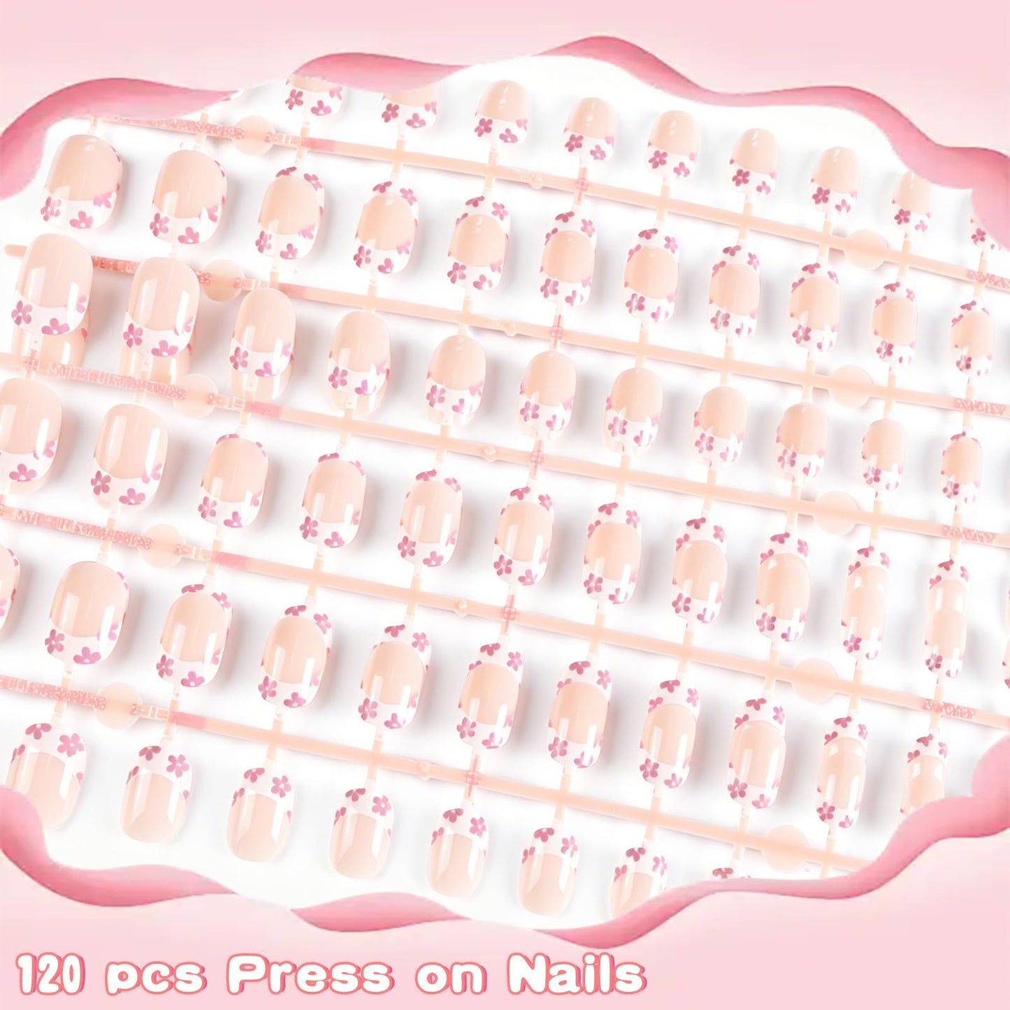SIUSIO 120pcs 5 Pack Children Acrylic Fake Nails Press on Full Cover Short False Nail Art Kits Set Surprise Gift for Kids Little Girls Women - Pink Flowers