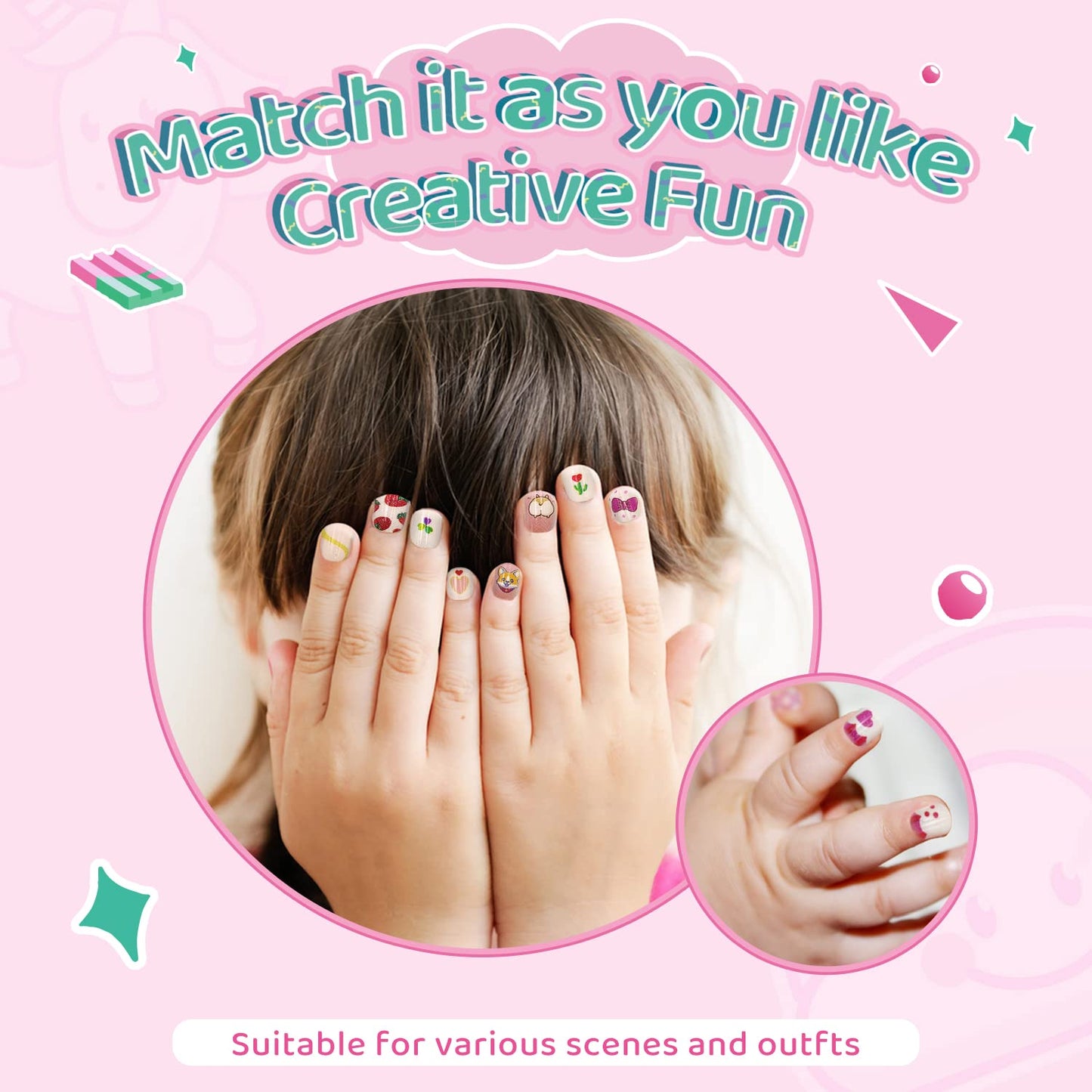 240Pcs Kids False Nail with Nail Glue Children Girls Press on short Nails No fading Stable Quick Stick on Cute Pre Glue Full Cover Acrylic Nail Tip Kit Gift for Kids Nail Decoration(Rainbow Unicorn)