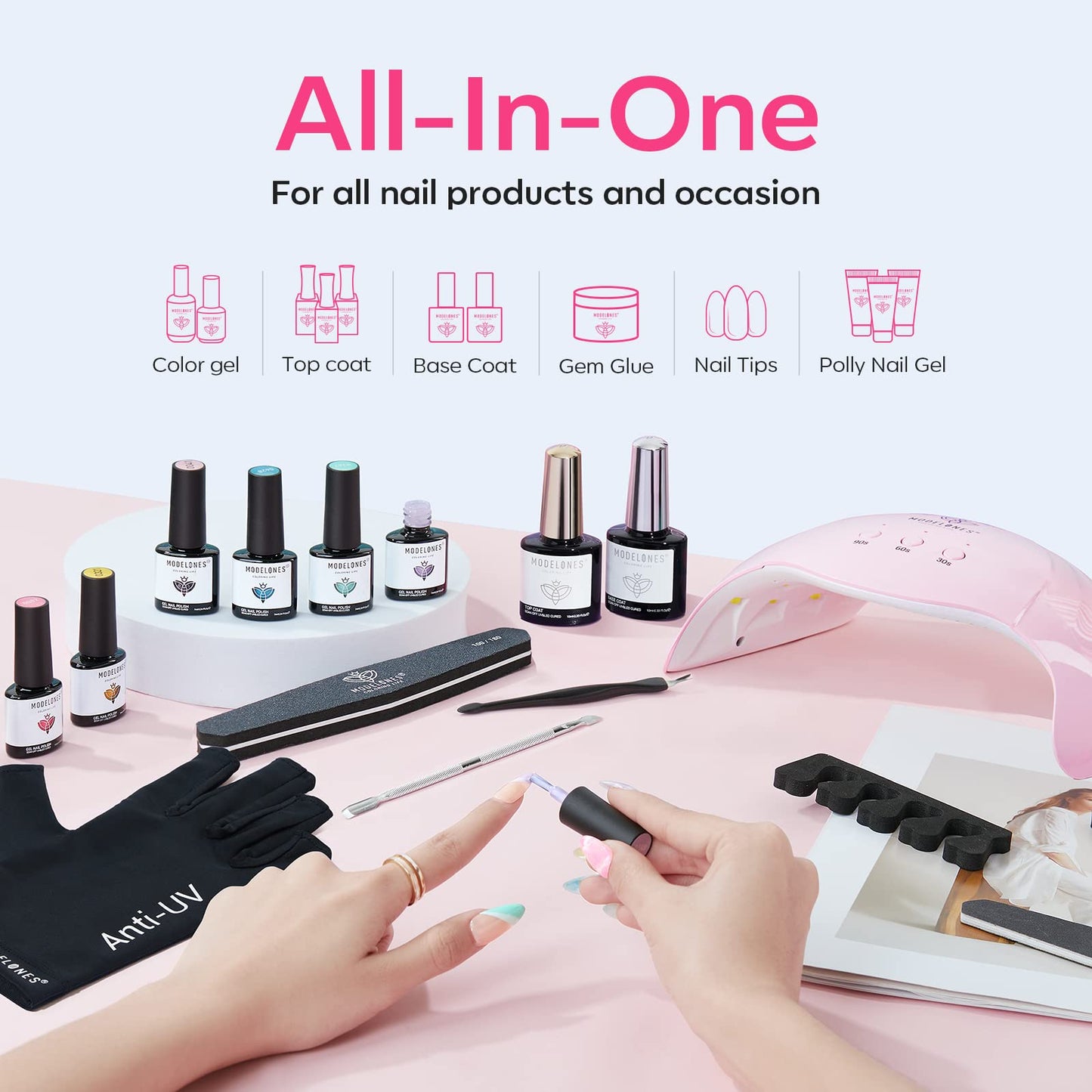 modelones Gel UV LED Nail Lamp with UV Gloves and Nail Art Brushes Set, Nail Art Design Pen Painting Tools with Nail Extension Gel Brush, Nail Art Liner Brush and Nail Dotting Pen for Gel Polish Mani
