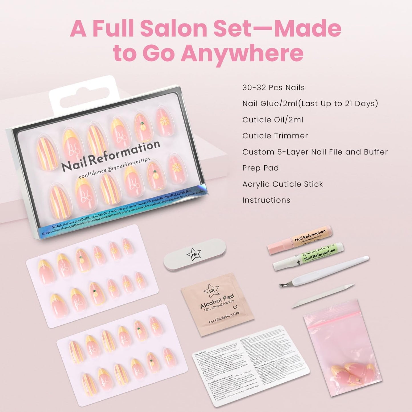 Nail Reformation Press On Nails, Lemon Tart | Soft Pink Short Almond Fake Nails with Wavy Yellow French Tips, White Bows & 3D Jewels, Reusable Stick On Nails Kit - 32 Pcs in 16 Sizes, Gifts for Women