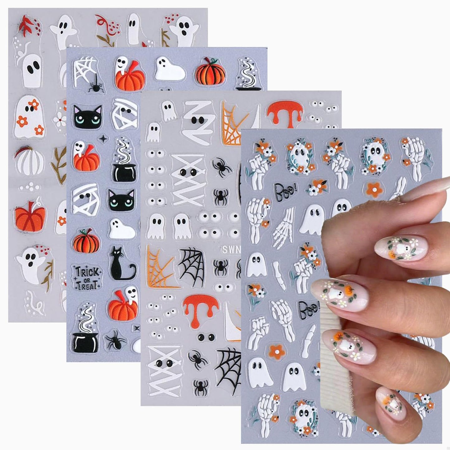 4 Sheets 5D Embossed Halloween Nail Stickers Cute Ghost Pumpkin Nail Art Stickers 3D Self-Adhesive Cat Nail Designs Flower Skeleton Holiday Spider Web Bandage Nails Supplies for Women Girls DIY