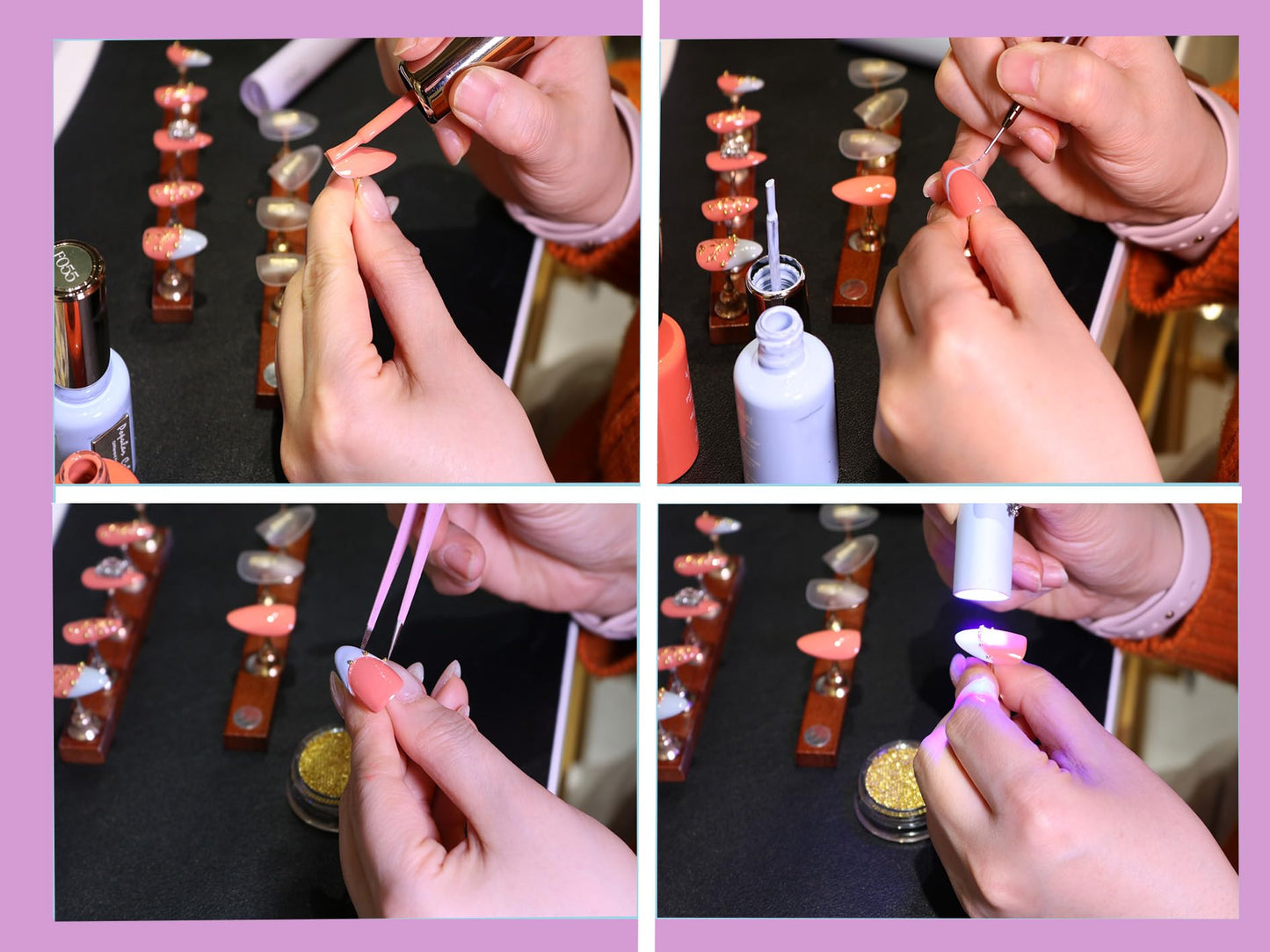 24Pcs Handmade Press on Nails, 3D Coral Pink Fake Nails with Medium Length Almond, Cute Blue French Tips Manicure Kit with Gold Lines for Women