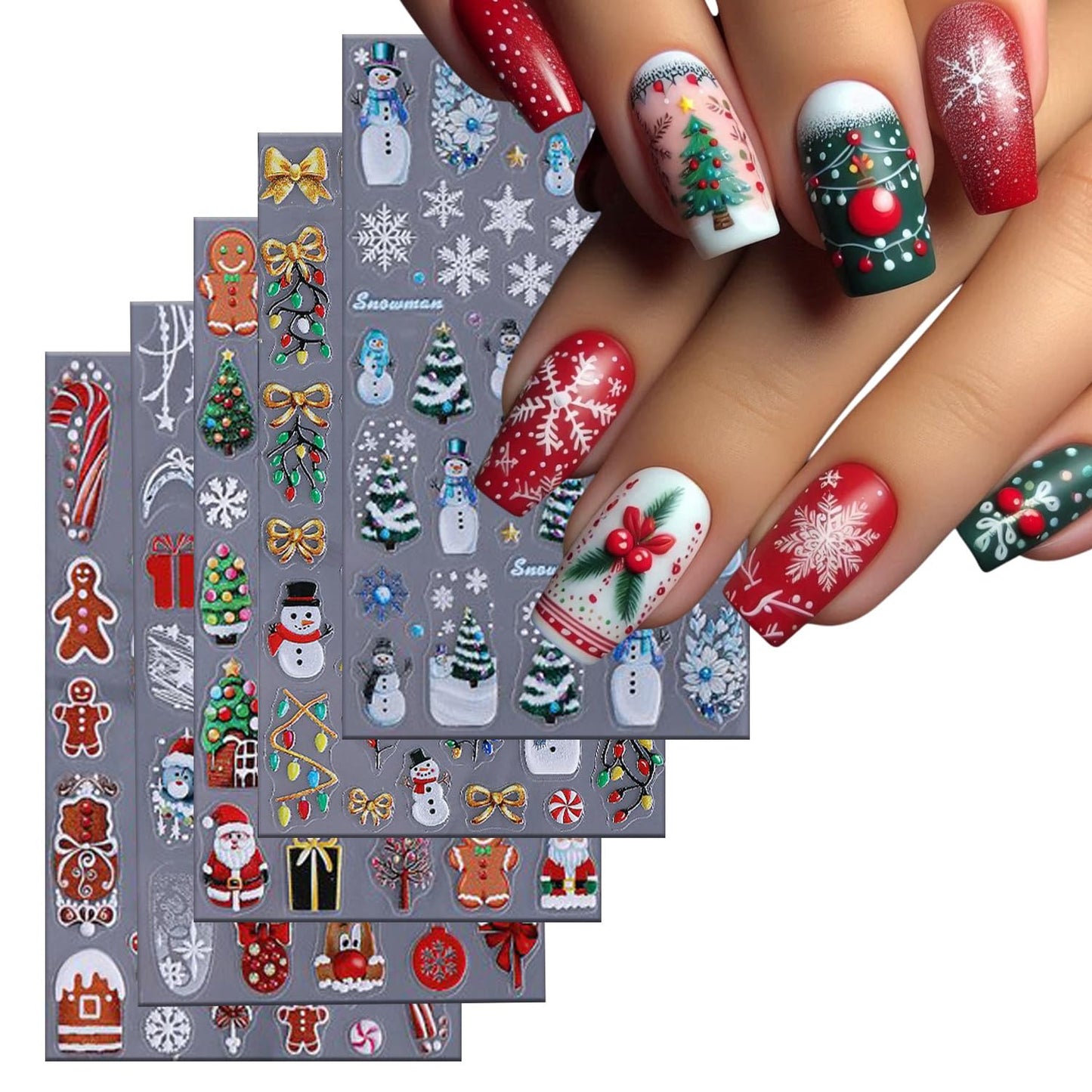 5 Sheets Christmas Nail Art Stickers 3D Self -Adhesive Santa Claus Snowflake Nail Decals Holographic Cute Snowman Nail Stickers Winter Christmas Trees Nail Staickers Decoration for Women DIY Manicure