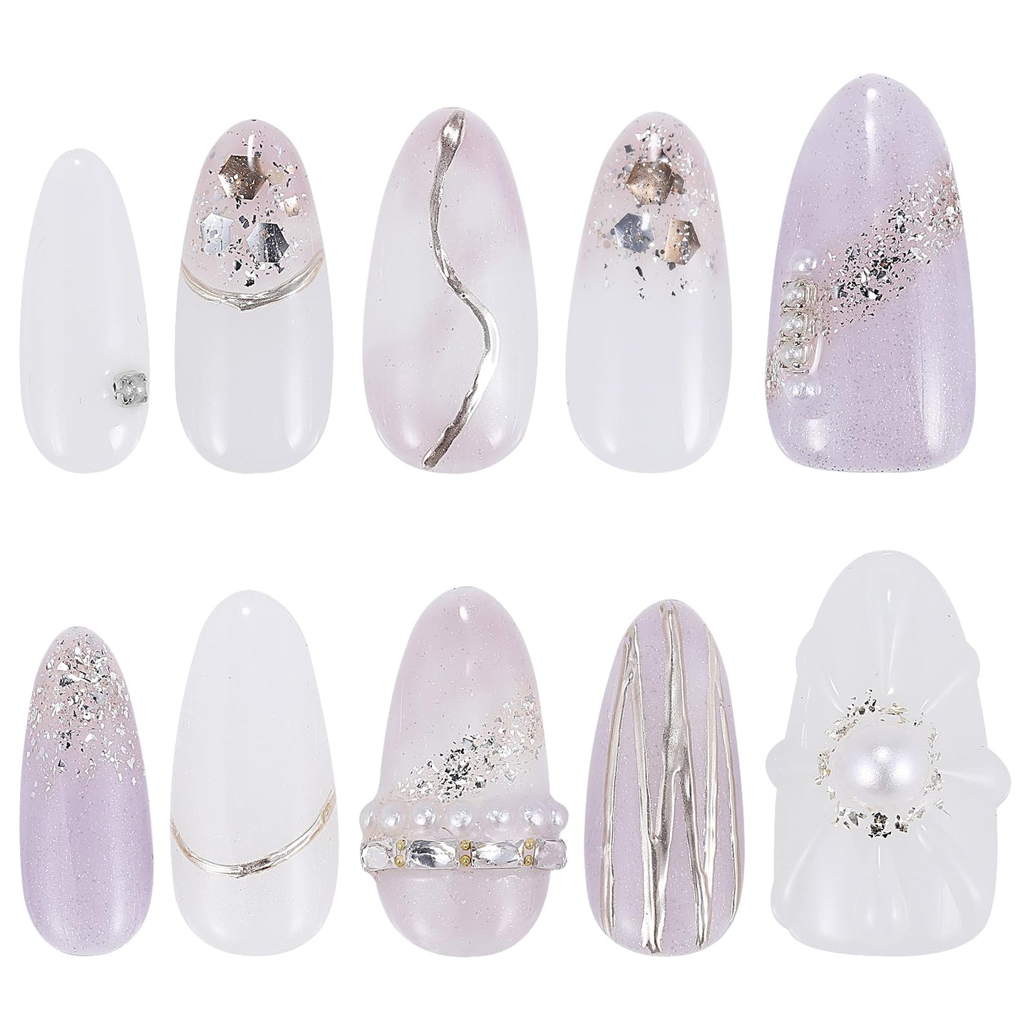 Yacey Handmade Press on Nails Short Almond, Reusable False Nails Press Ons, Purple Thick Acrylic Fake Nails with Silver Line Pearl, 3D Artificial Bling Glossy Glue on Nails for Women Girls (10 Pcs, M)