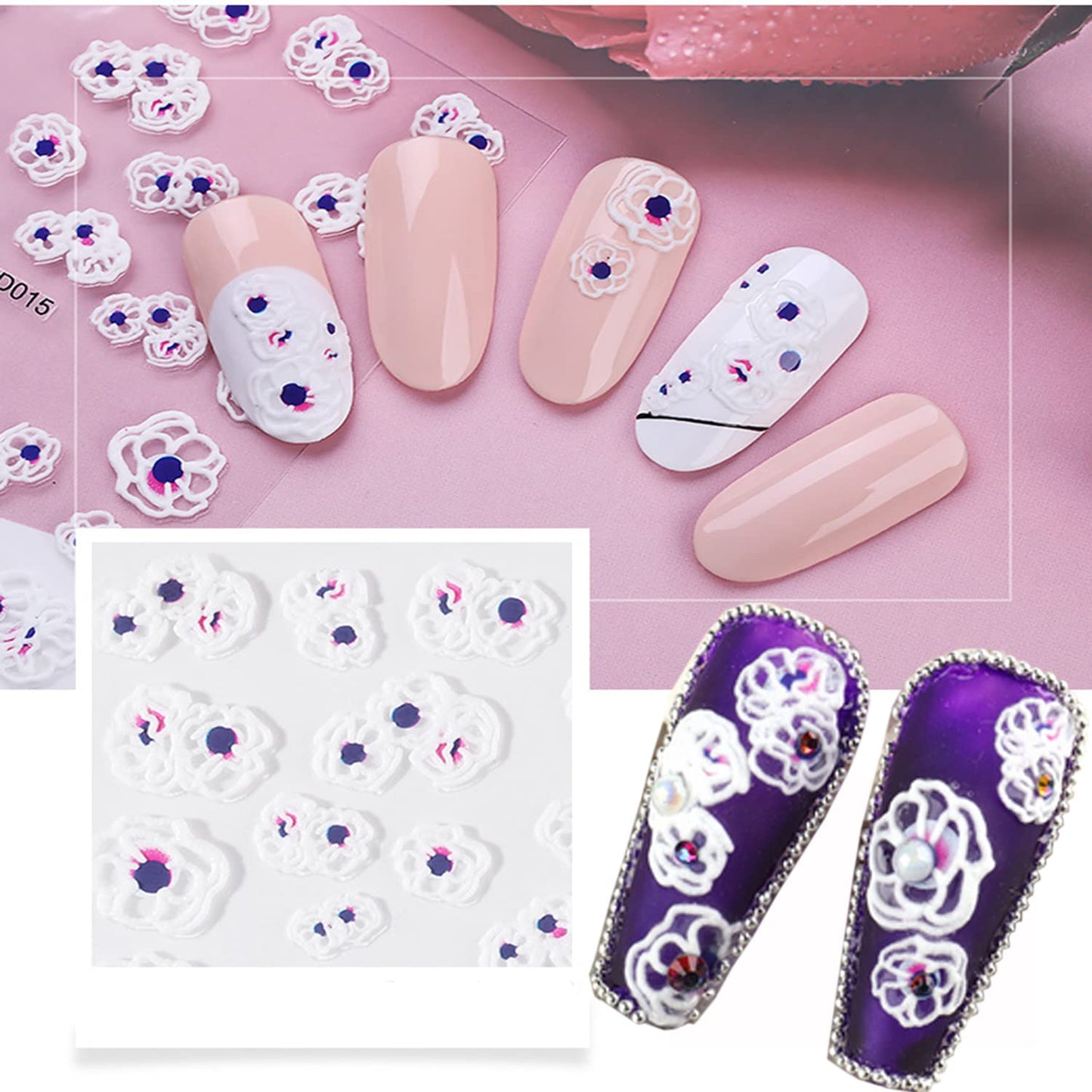 TBRZTR 5D Embossed Flower Nail Art Stickers, 6 Sheets, Self-Adhesive, Paper, Multi, for Women Girls Manicure Tips Charms Decoration