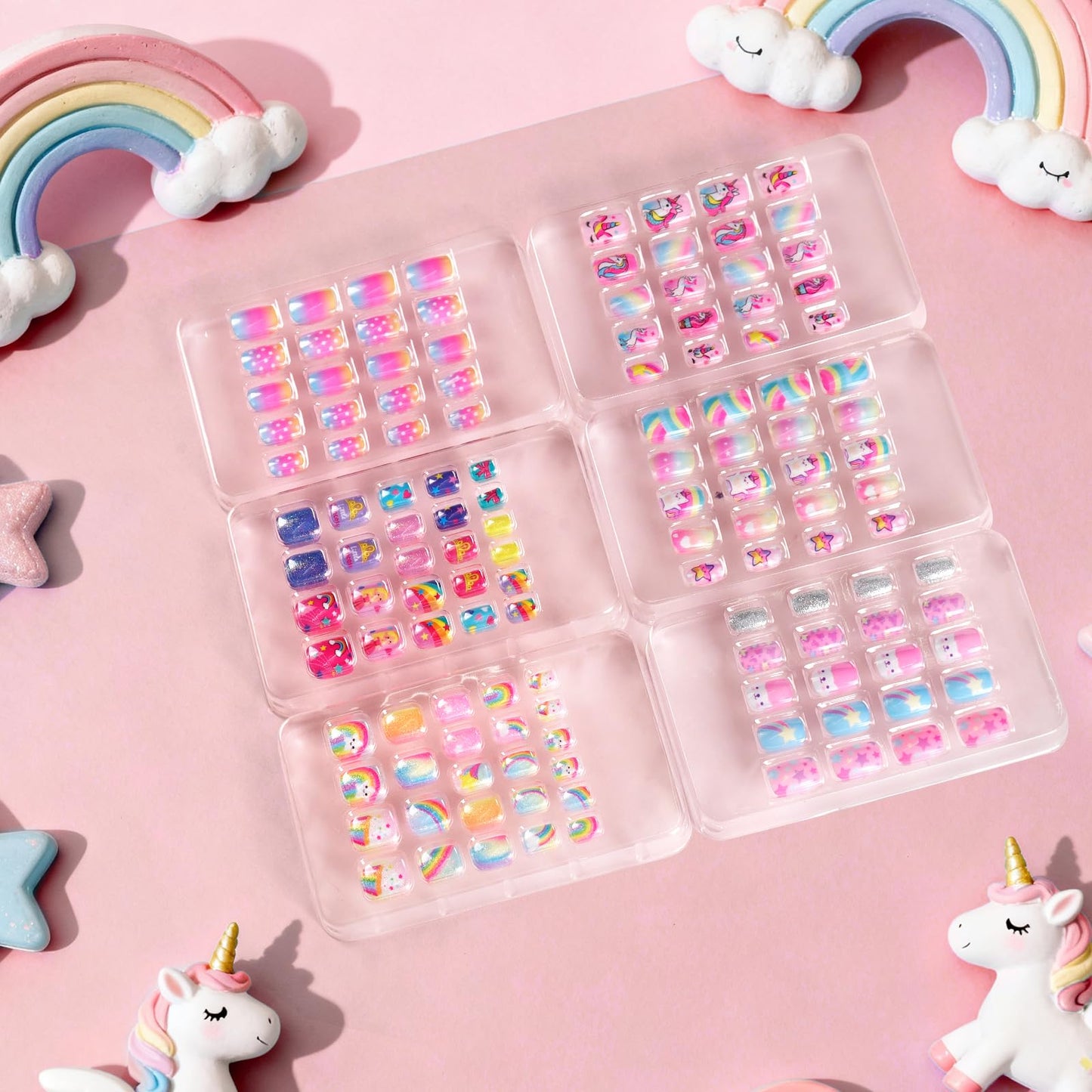 SIUSIO 6 Pack Press on Nails kids Children Acrylic Fake Nails Cute Pre-glue Full Cover Gradient Color Rainbow Short Stick On False Nail Art Kits Set for Kids Little Girls - Rainbow Dream
