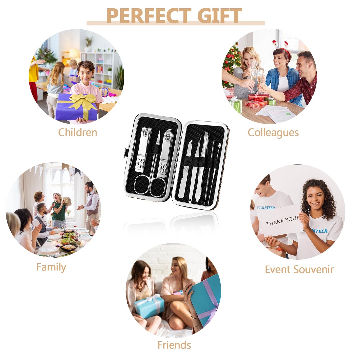 Geosar 12 Set 8 in 1 Manicure Gifts for Fathers Day Bulk Stainless Steel Nail Clippers Kit Pedicure Care Tools with Leather Case Travel Grooming Kit Gift for Women Men Hands Foot(Glitter Rose Gold)