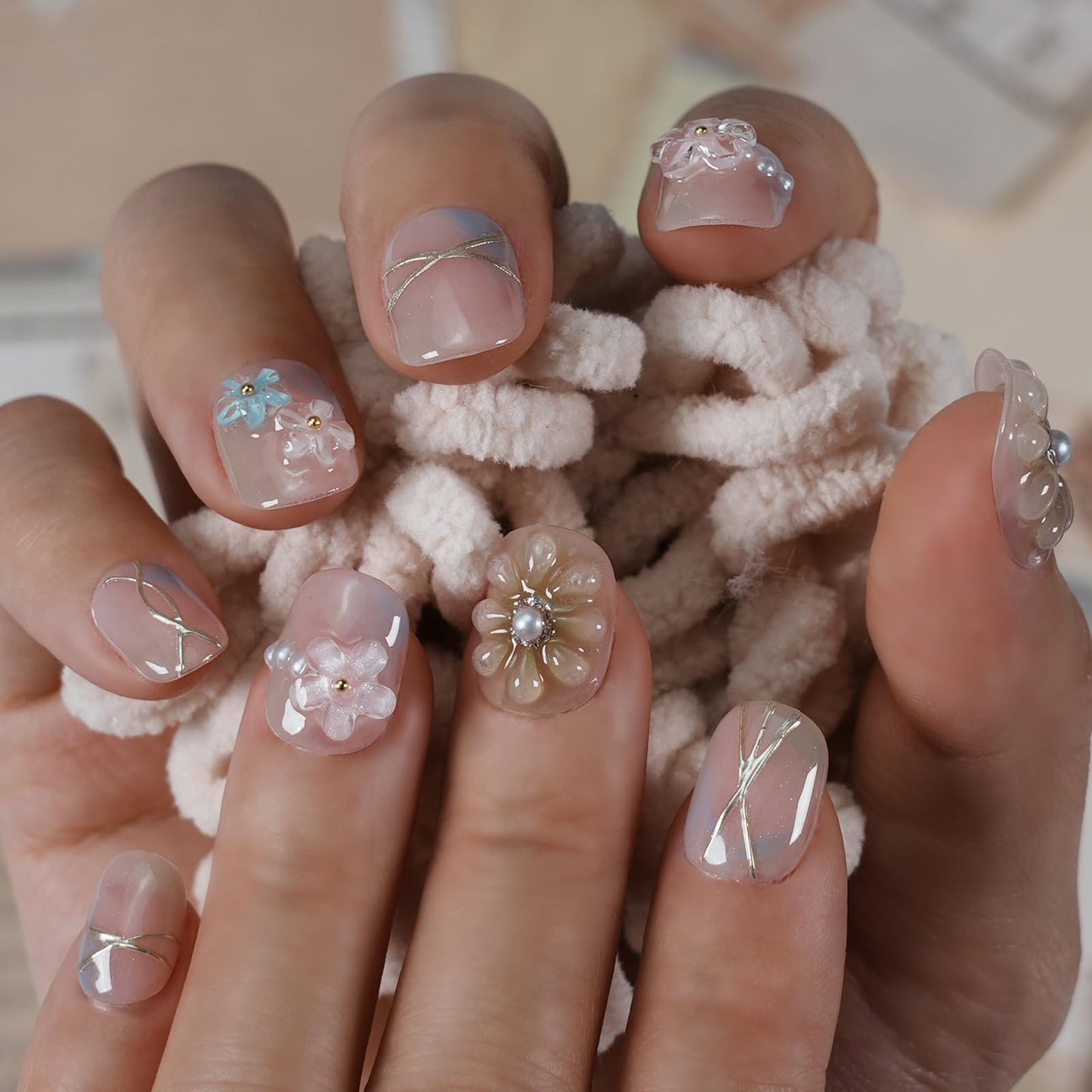 Tesytto 3D Floral Press on Nails Short Round - Handmade Pink Gradient with Pearls, Luxury Soft Gel Reusable Fake Nails (Soft Petal Pearl Glow, L)