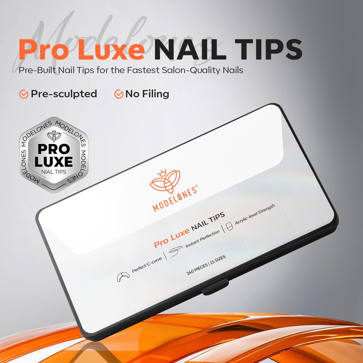 modelones Pro Luxe Instant Nail Apex Tips 15 Sizes, Medium Almond Extension Gel Tips Pre-building & Pre-etched Thicker Strength Acrylic Fake Nails Full Cover 240 Pcs