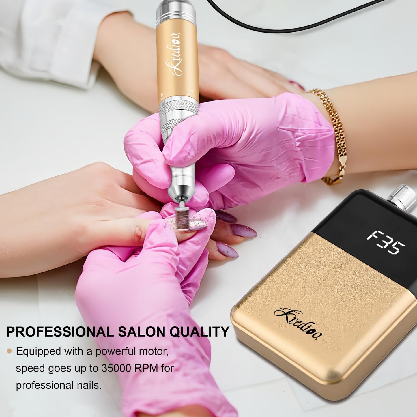 Kredioo Portable Nail Drill 35000 RPM, Rechargeable Electric Nail File E File Kit with Storage Bag Professional Manicure Kit for Nail Lovers Salon Home DIY -Gold