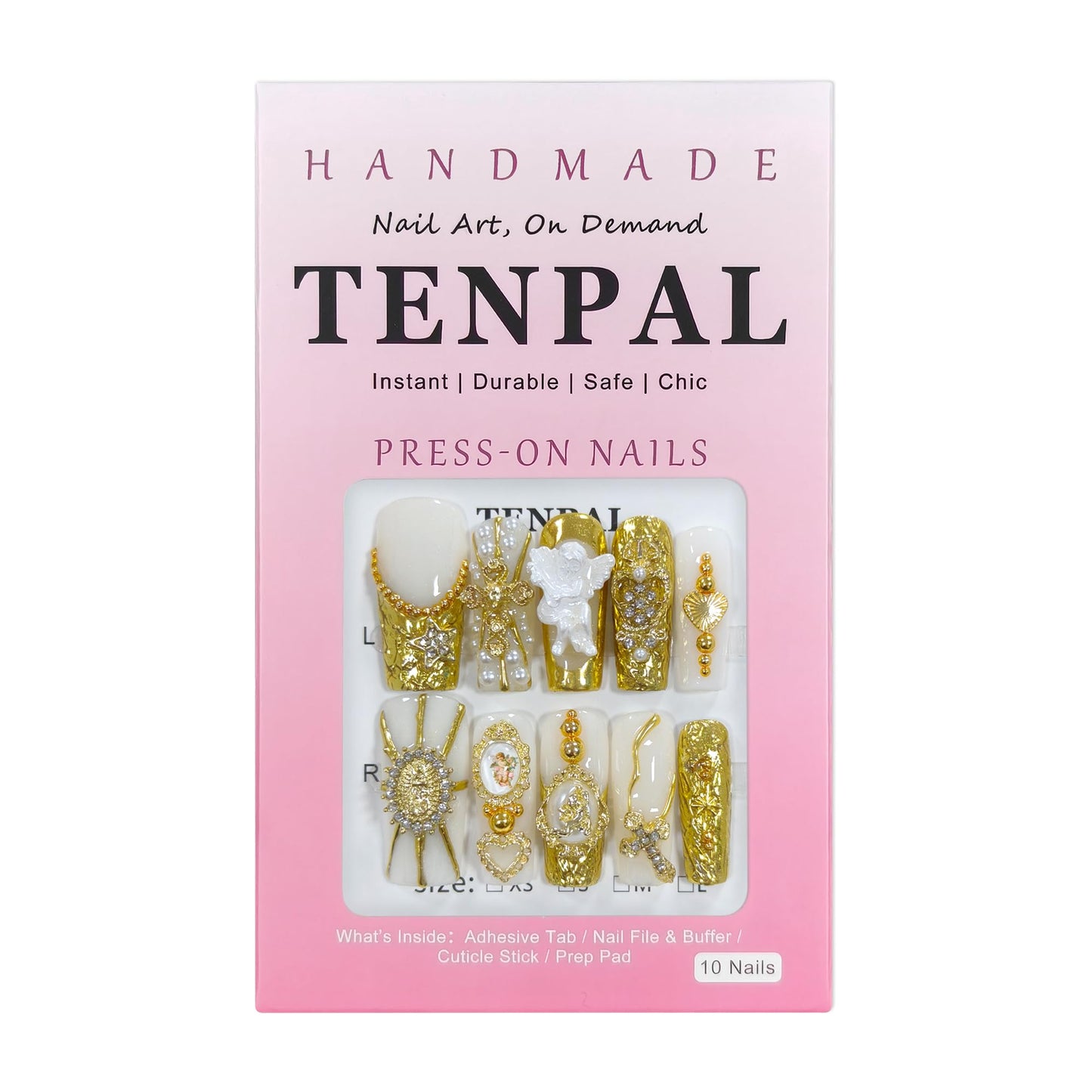 TENPAL Baroque Press on Nails Long Coffin 3D Embossed Pearl Cross Charm Luxury False Nails for Women Gold Glam Royal Cathedral Style Glue on Nails for Parties Holiday Events(S)
