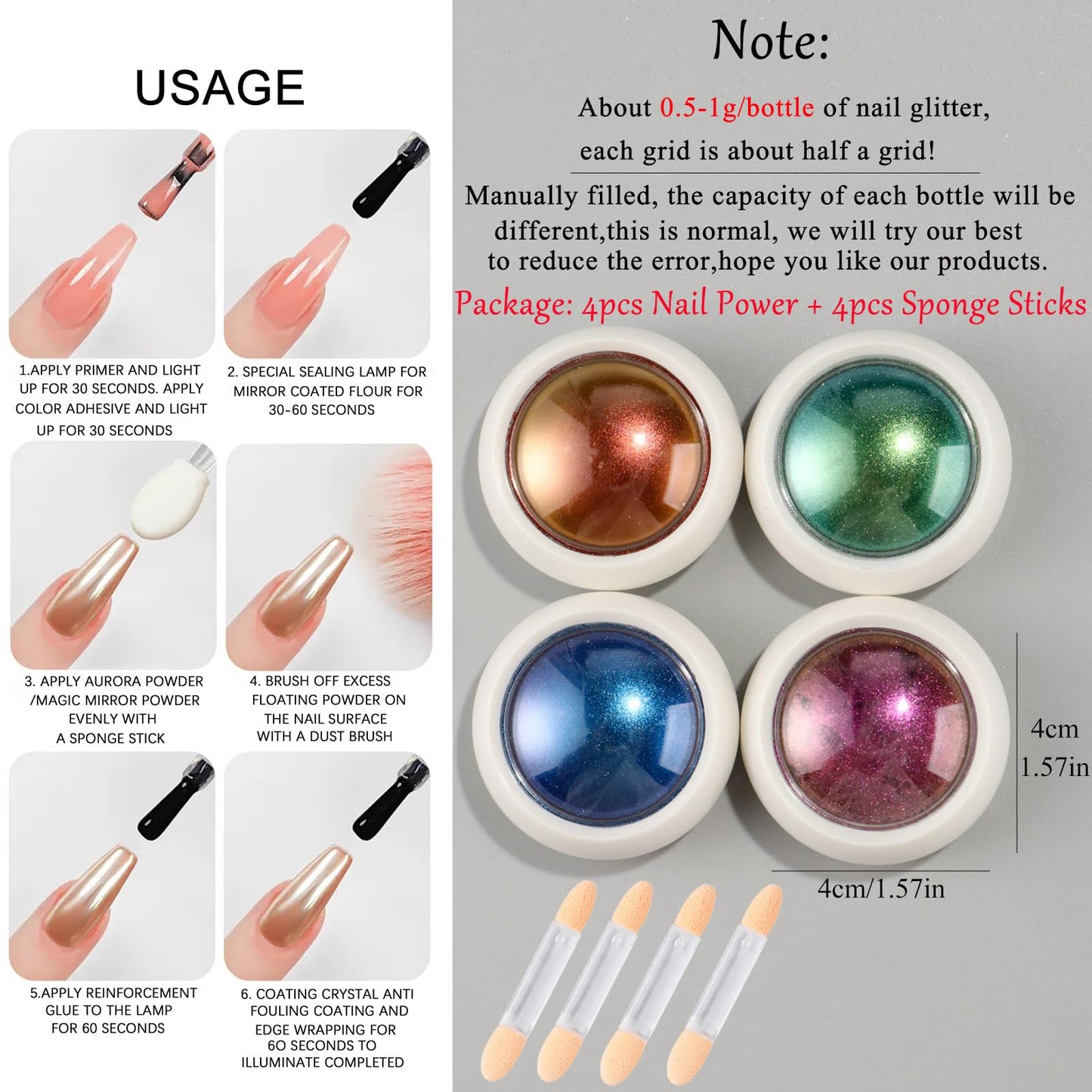 Chameleon Chrome Nail Powder,4pcs Magic Mirror Nail Glitter Pigment with Sponge Metallic Rubbing Dust Y2K Nail Gel Polish Galaxy Effect Salon-Quality Long-Lasting Nail Design