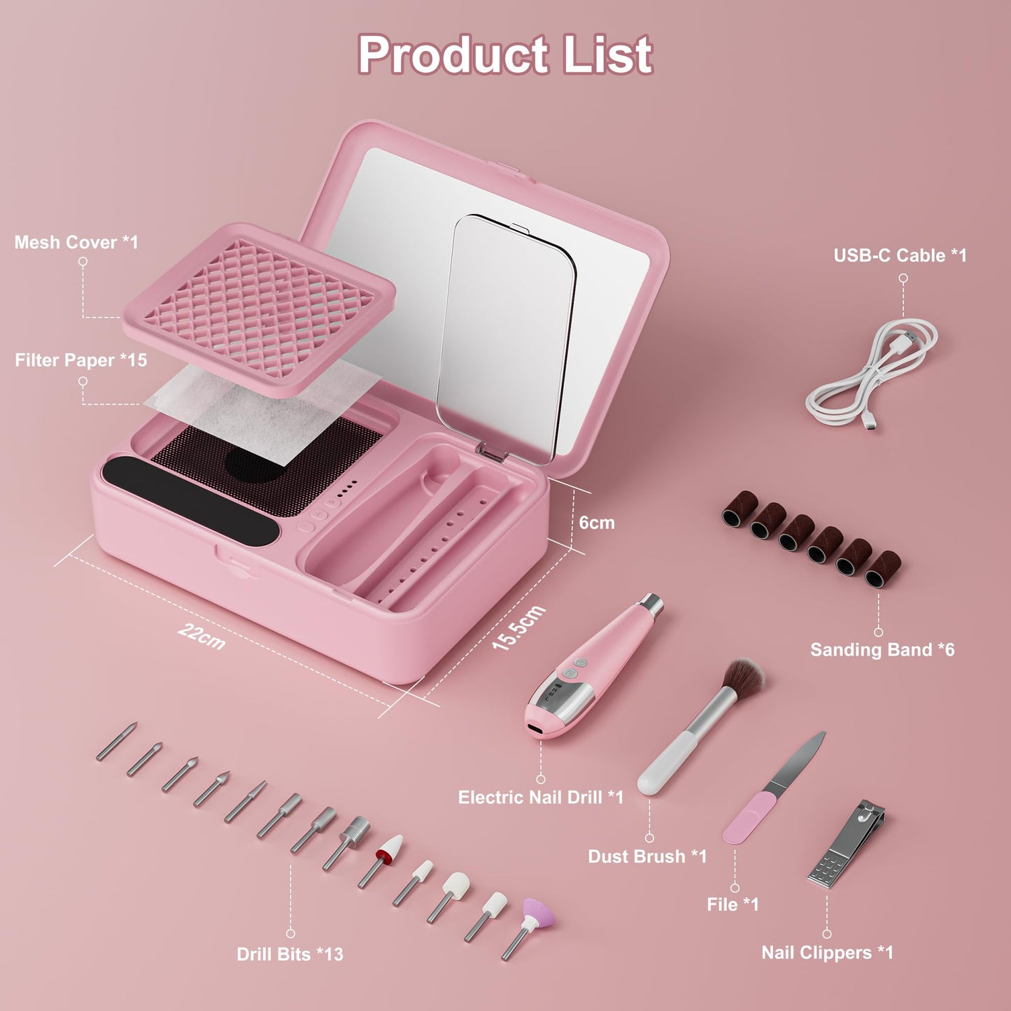WOBSION Nail Tool Set, Nail Dust Collector & Electric Cordless Nail Drill 2-in-1, Portable Rechargeable Acrylic Gel Nail Removing and Polishing Manicure Tools for Beginners