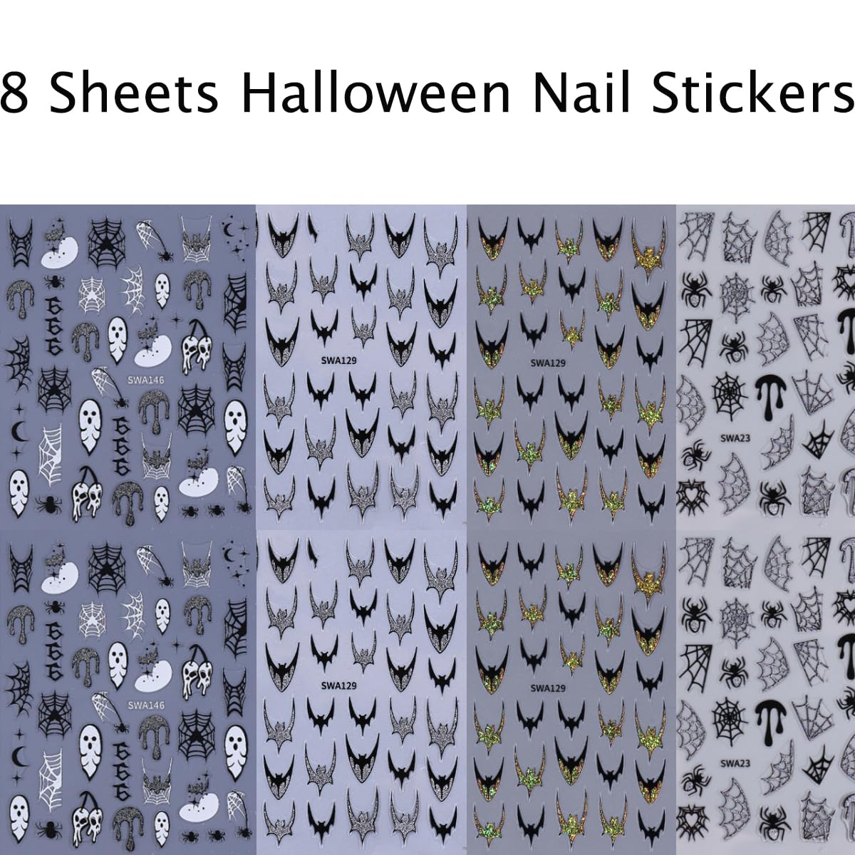 8 Sheets Halloween Nail Stickers Decals Gold Gloss Bat Nail Art Stickers Goth Nail Design Stickers Self-Adhesive Spider Web Spider Skeleton Nails Accessories for Women Nails Art Decorations Supplies