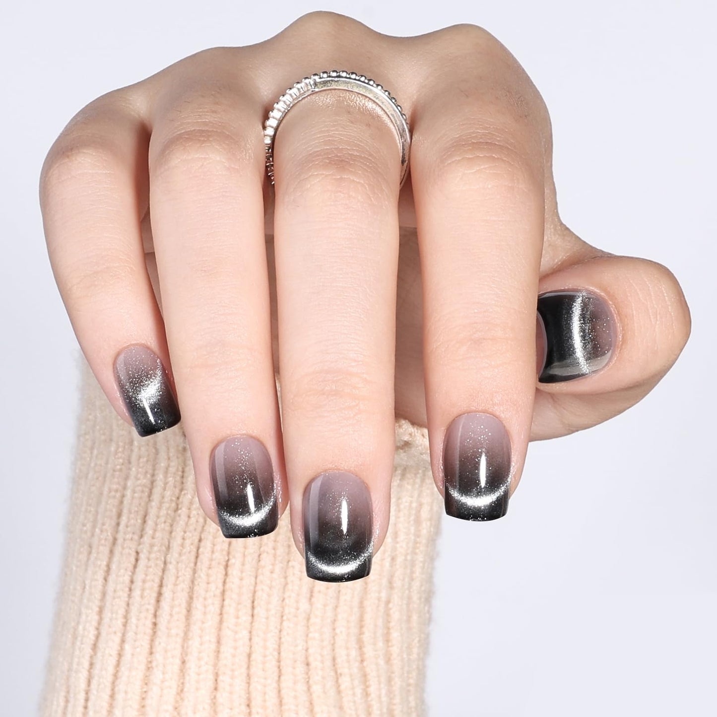 Black Cat Eye Press On Nails - Short Square Ombre Press Ons for Women Fake Nails with Glue, Glossy Reusable Glue on Nail in 15 Sizes - 30pcs