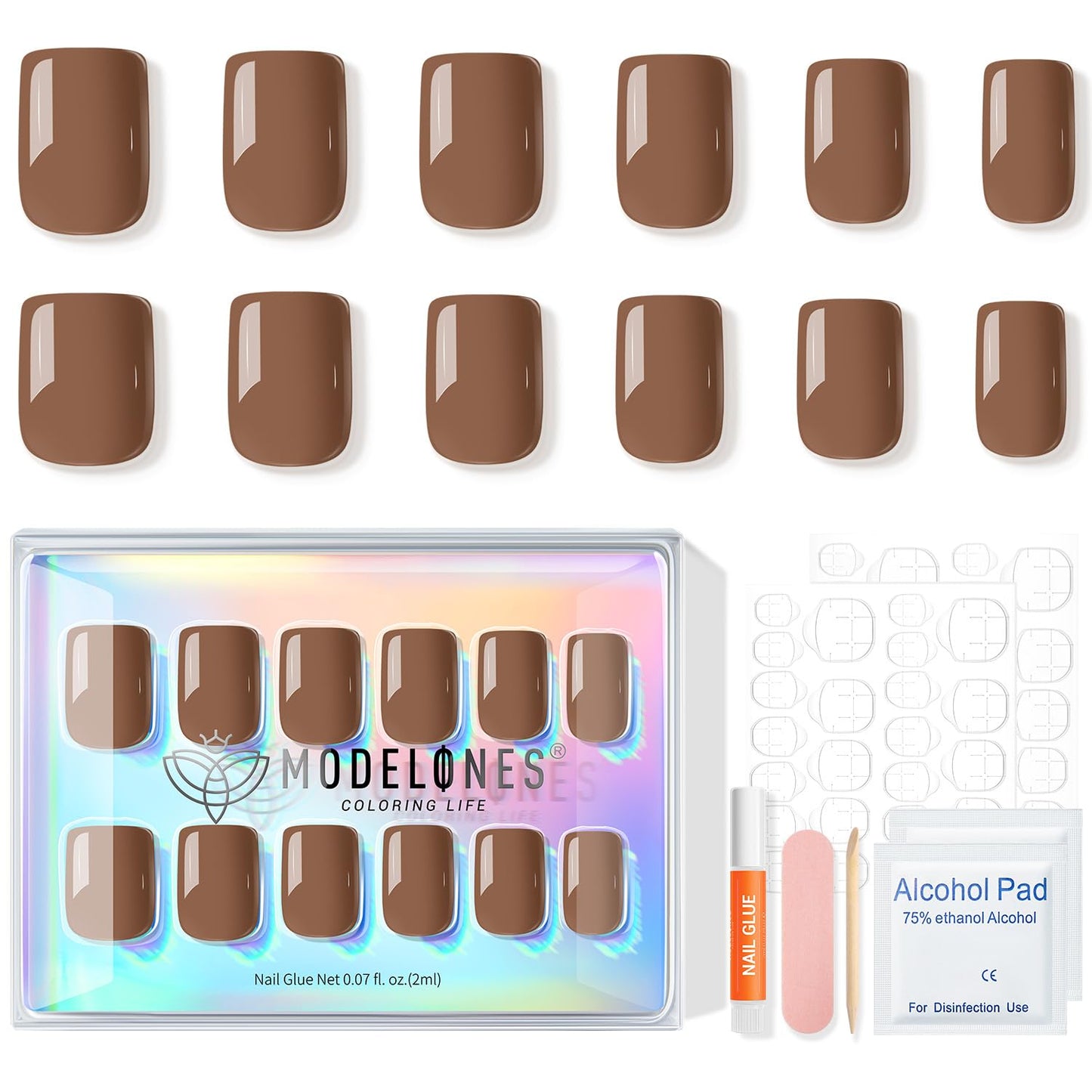 Modelones 32Pcs Brown Press on Nails, Short Square Fake Nails, Reusable Nail Kit with Nail Glue Adhesive Tabs Mini Nail File, Nails Press Ons 16 Sizes