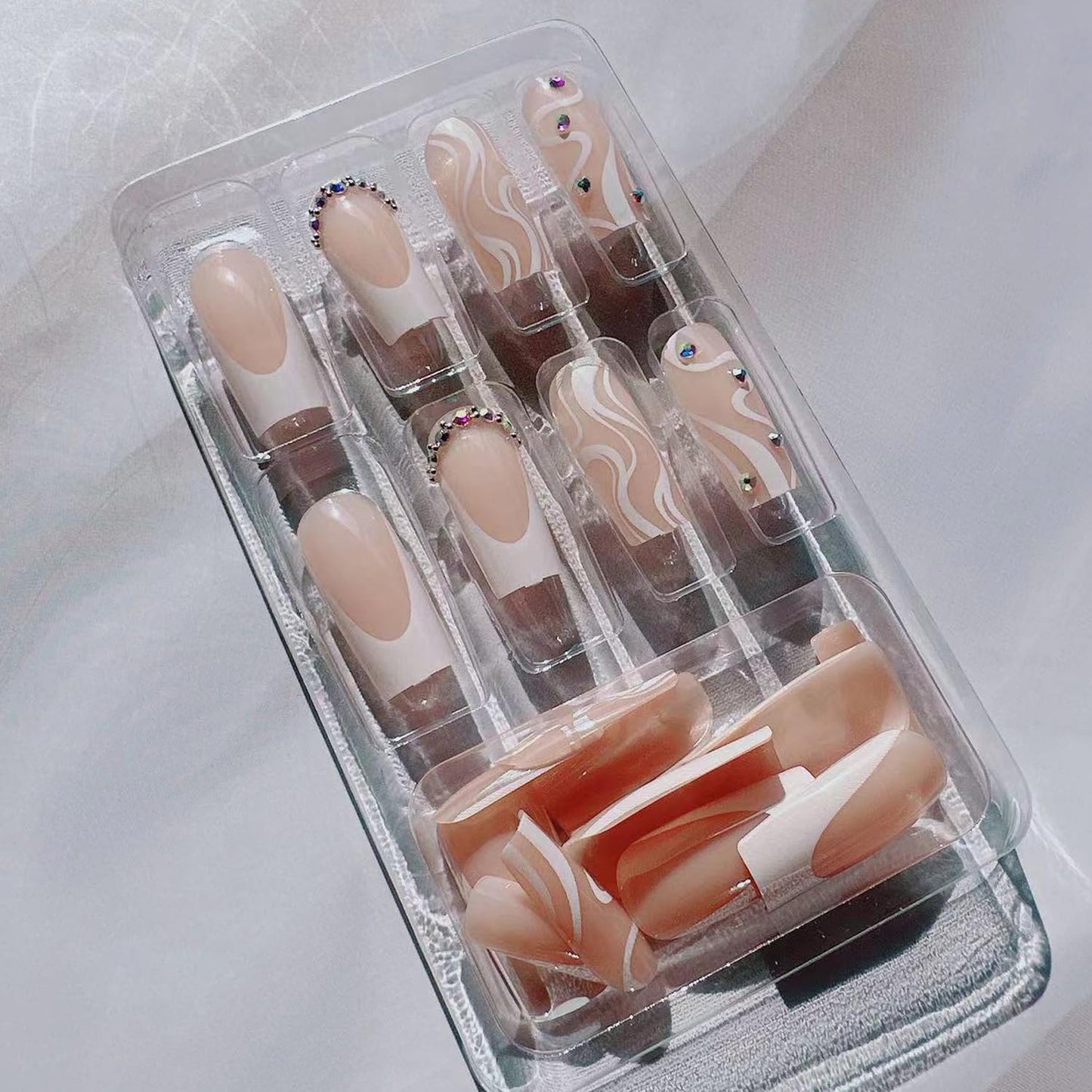 Medium Long Press on Nails White French Tip Fake Nails Square Medium Length Rhinestone Pink Designs Glitter V-shaped French False Nail Tips Artificial Nails Finger Manicure for Women and Girls-24pcs
