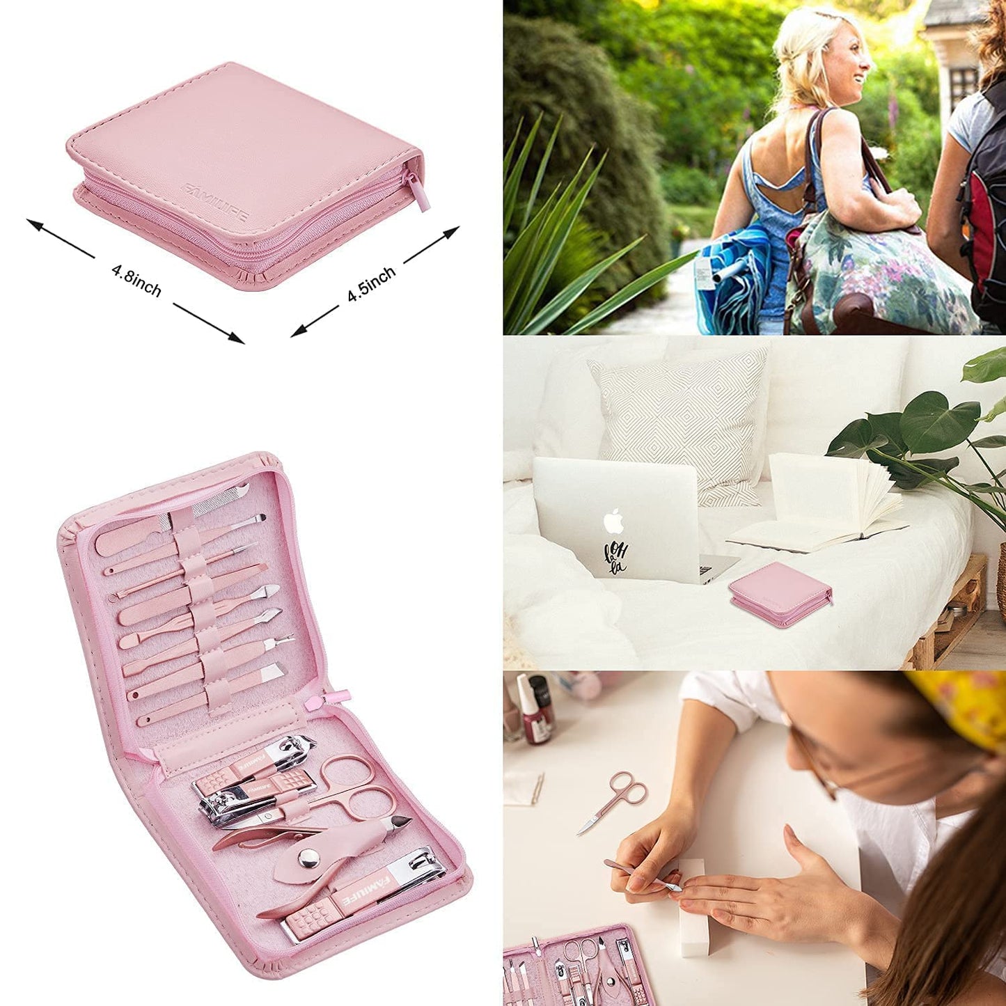 FAMILIFE Manicure Set, Pedicure Kit Nail Clipper Set 16pcs Professional Men Black Grooming Kit and 13pcs Pedicure Kit Rose Gold Nail Clipper Set Professional Manicure Kit Pink Stainless Steel