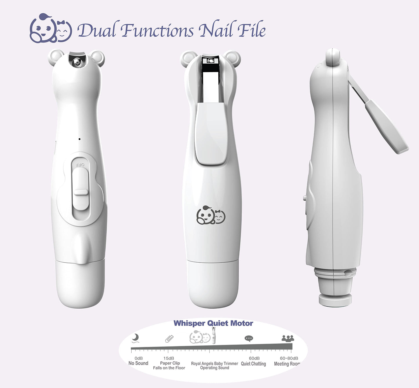 Royal Angels Rechargeable Dual Sided 20 in 1 Baby Nail Trimmer & Clipper, 15 Filing Pads, Whisper Quiet Electric File with LED Lights for Newborns & Toddlers, Safe Manicure Set for Families (Snow)