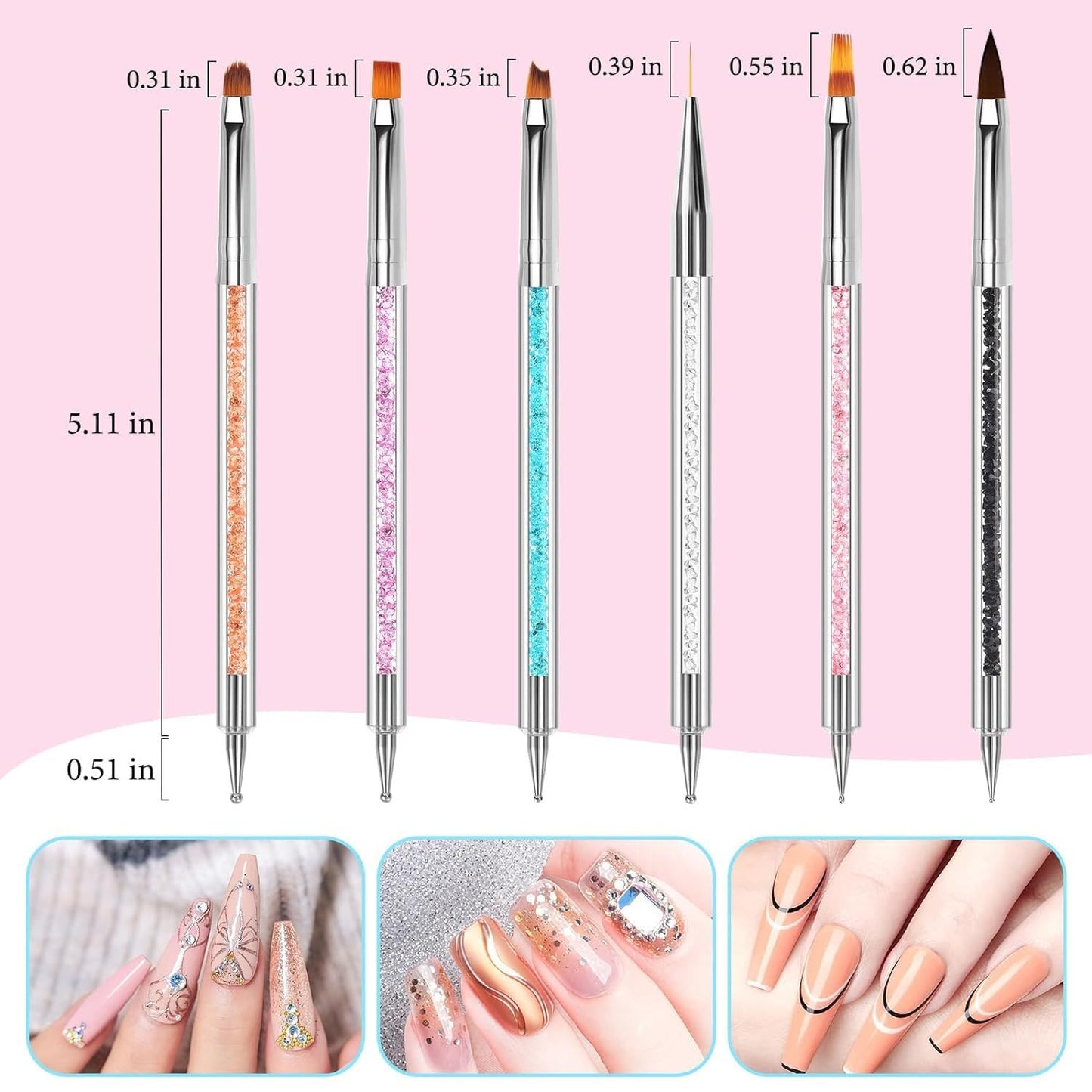 DAIXIANGER Nail Art Brush & Crystal Cup Set, 6Pcs Double-Ended Nail Brushes with 4Pcs Clear Glass Dappen Dishes, Manicure Tools for Acrylic Liquid, Powder & Gel Polish Application