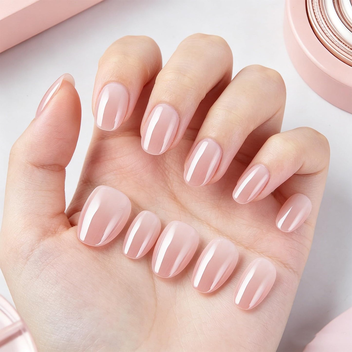 Press on Nails With Chrome Design, Glossy Nude Pink Fake Nail, Short Oval False Nails Mirror Glue on Nail, Natural Stick on Reusable Acrylic Fingernails for Women Daily Wear