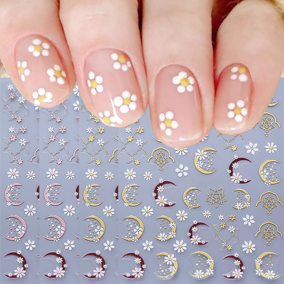 4 Sheets Flower Nail Stickers for Nail Art Pink Yellow Daisy Nail Decals Glitter Gilding Moon Nail Design Stickers 3D Self-Adhesive Flower Acrylic Nails Art Supply for Women Manicure Decorations Tips