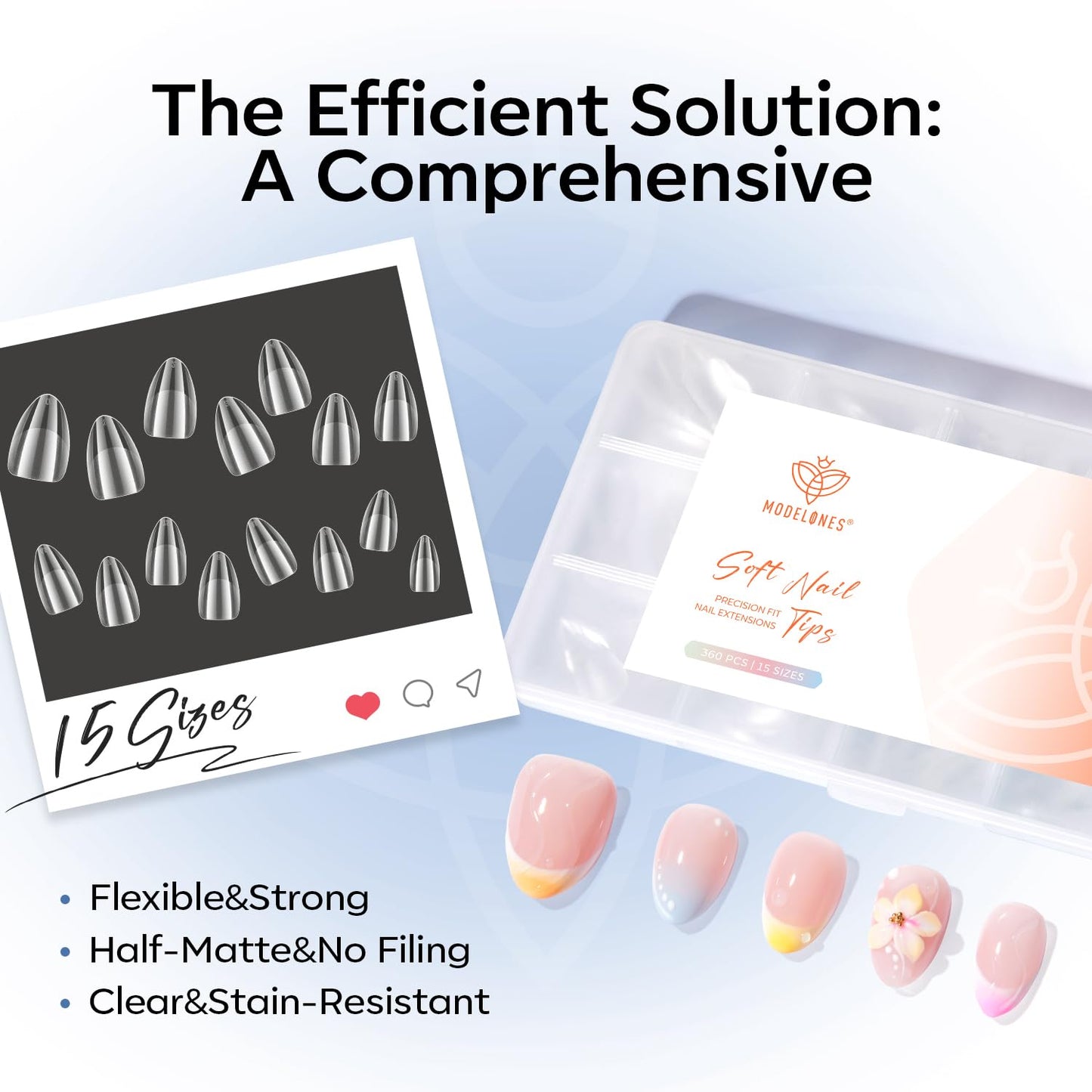 modelones Extra Short Almond Nail Tips, 360pcs Pre-etched Clear Soft Gel Nail Tips Fake Nails Press On Full Cover Half Matte 15 Sizes Acrylic Gel Tips for Extension Salon